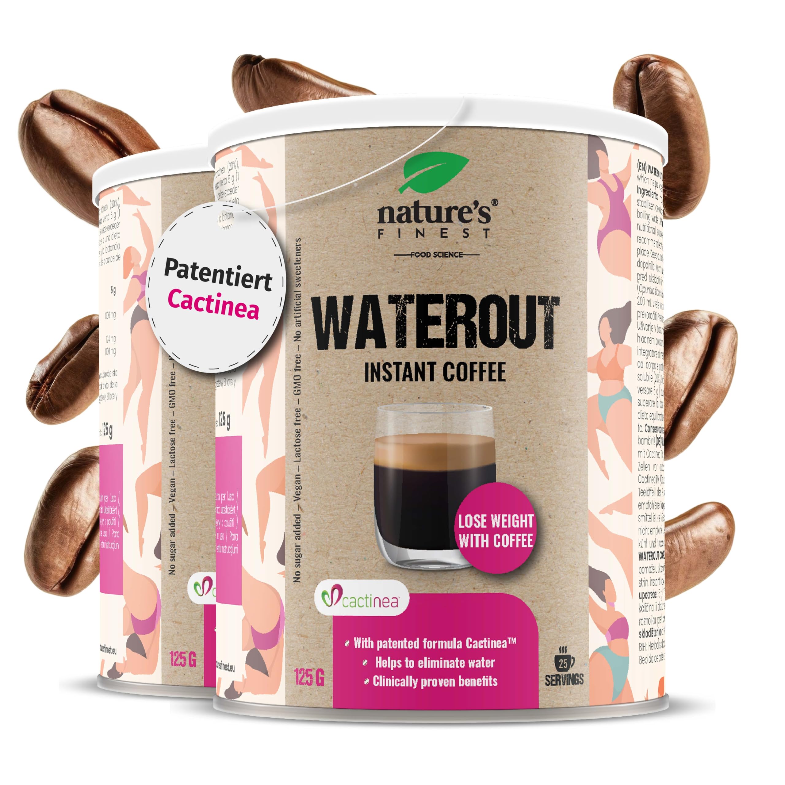 Nature's Finest WaterOut Coffee, Instant-Kaffee 375 g (3er Pack) | Instant-Kaffee (20 % Arabica) mit Cactinea Kaktusfeige - vegan, aromatisch, in Sekunden zubereitet