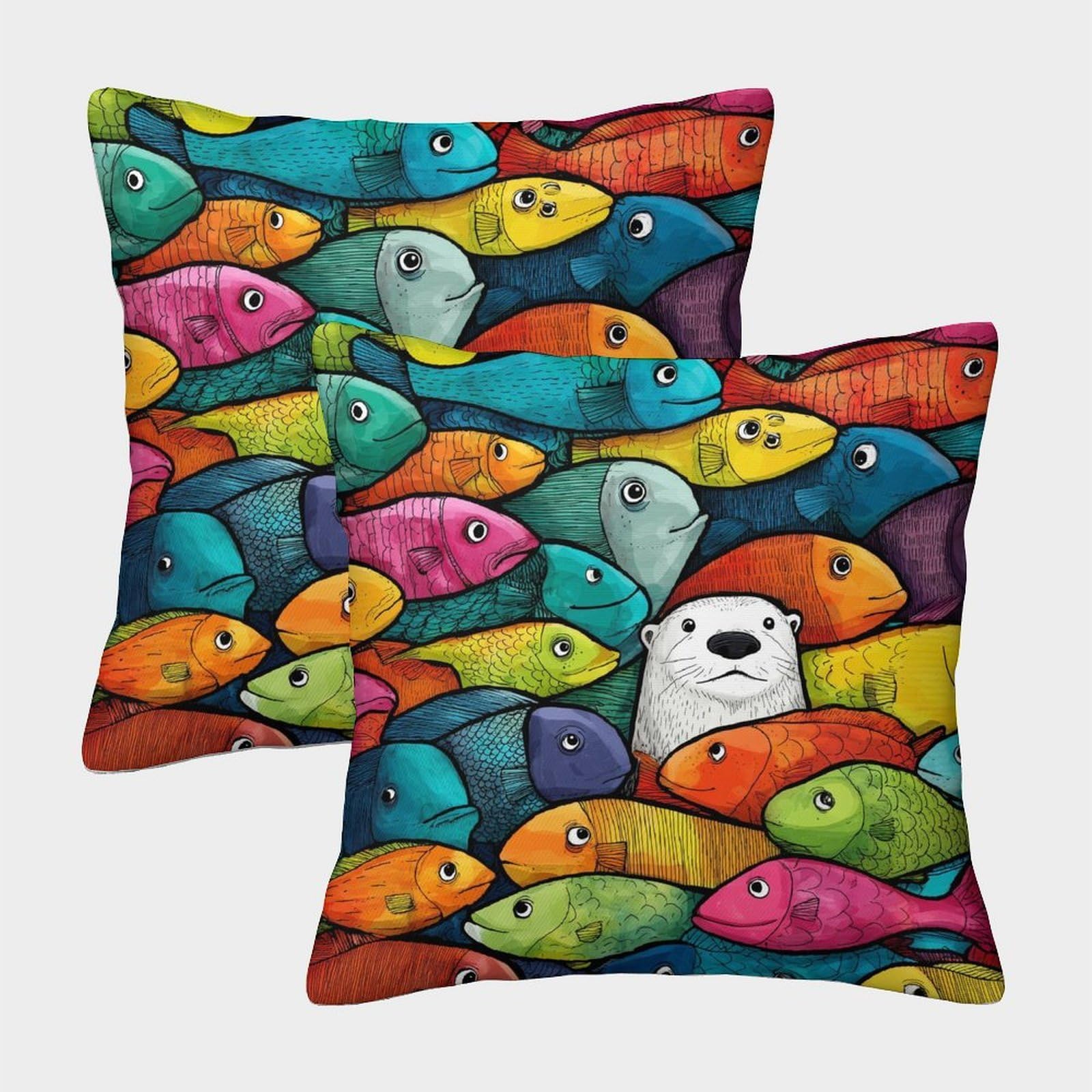 kaiyun 2 Pack A Bunch of Colorful Fish,Confused Otter Pillow Case 45x45cm 3D Printing Cushion Cover,home Decoration Sofa Cushion