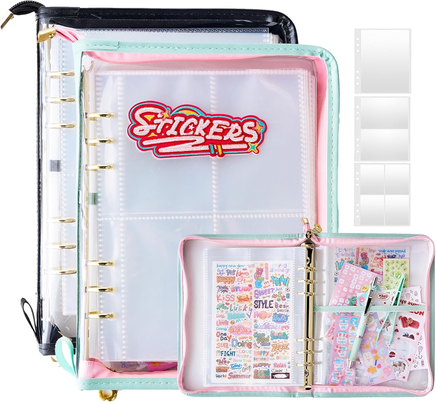 2pcs Sticker Collection Organizer Binder large capacity (65 sheet), PU leather clear sticker storage book album with zipper closure,double-sided Collecting for journal scrapbook planner (Black+Green)
