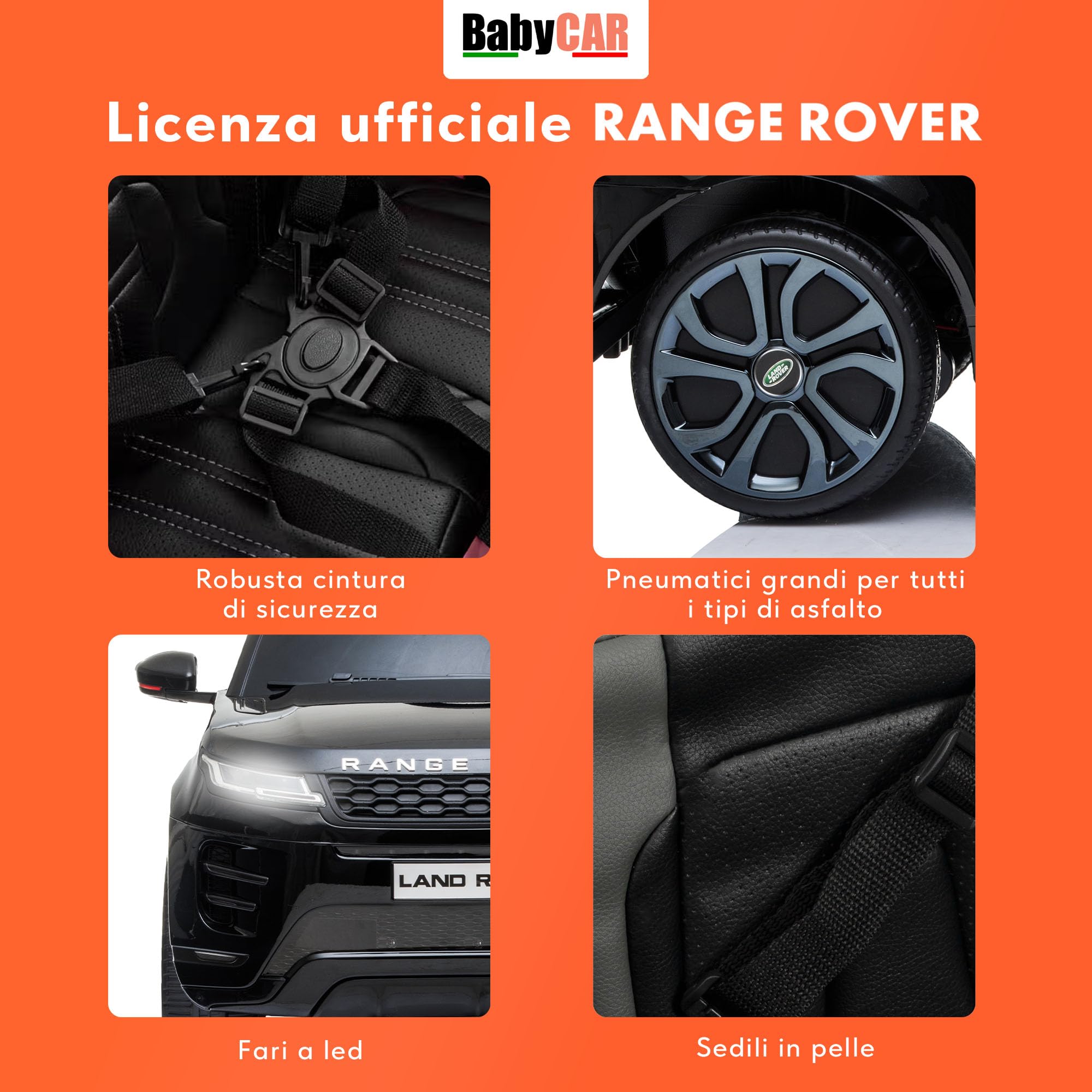 BabyCar Range Rover Evoque | Macchina per Bambini Elettrica Telecomandata 12V 2 Motori 35W | Auto Elettrica per Bambini 2 Posti | Sedile Pelle, Porte Apribili, USB | Licenza Ufficiale | Nero, MP3