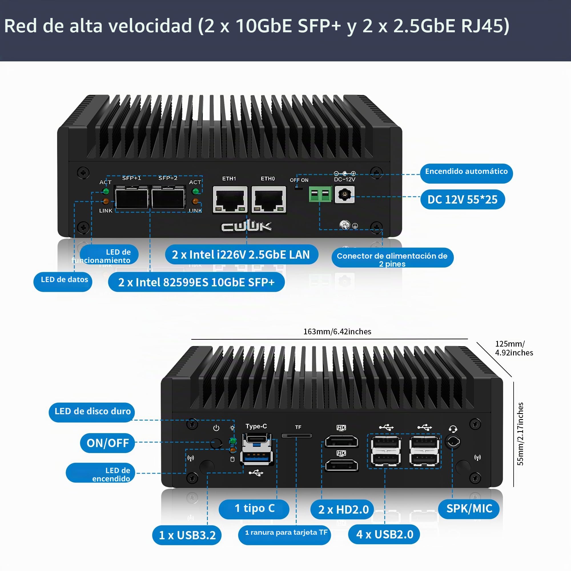 CWWK S8 N150 Mini PC (Upgraded N100) Firewall Appliance, 2X 10GbE SFP+ Mini Computer with 2 x i226-V 2.5GbE LAN, OPNsense Micro PC Barebone DDR5 NO RAM/SSD/OS, USB-C, TF, 2-Display