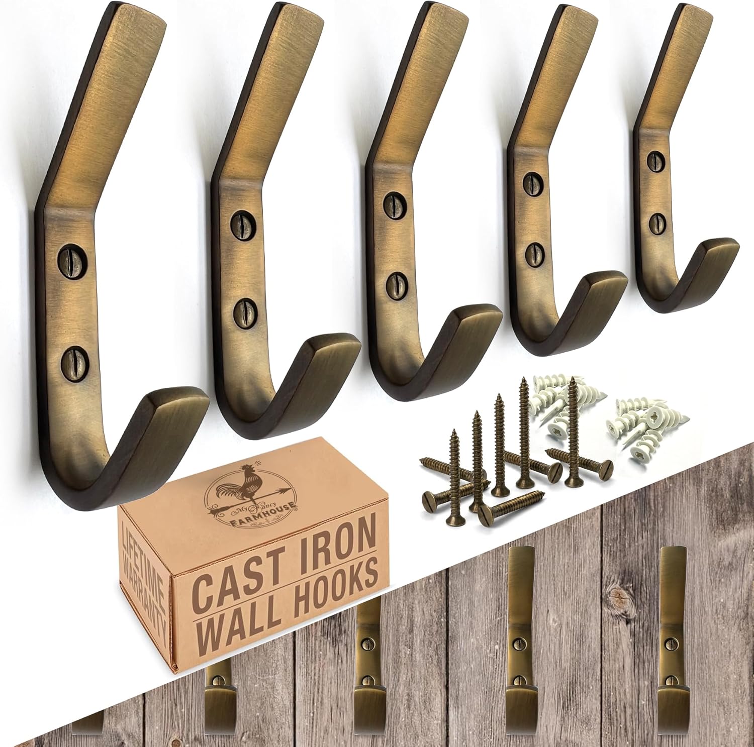 Cast Iron Coat Hook (5 Pack) Heavy Duty Modern Farmhouse Entry Wall Hooks for Hanging Coats, Bags, Jackets, Towels (Black, Includes Hardware) (Antique Black)