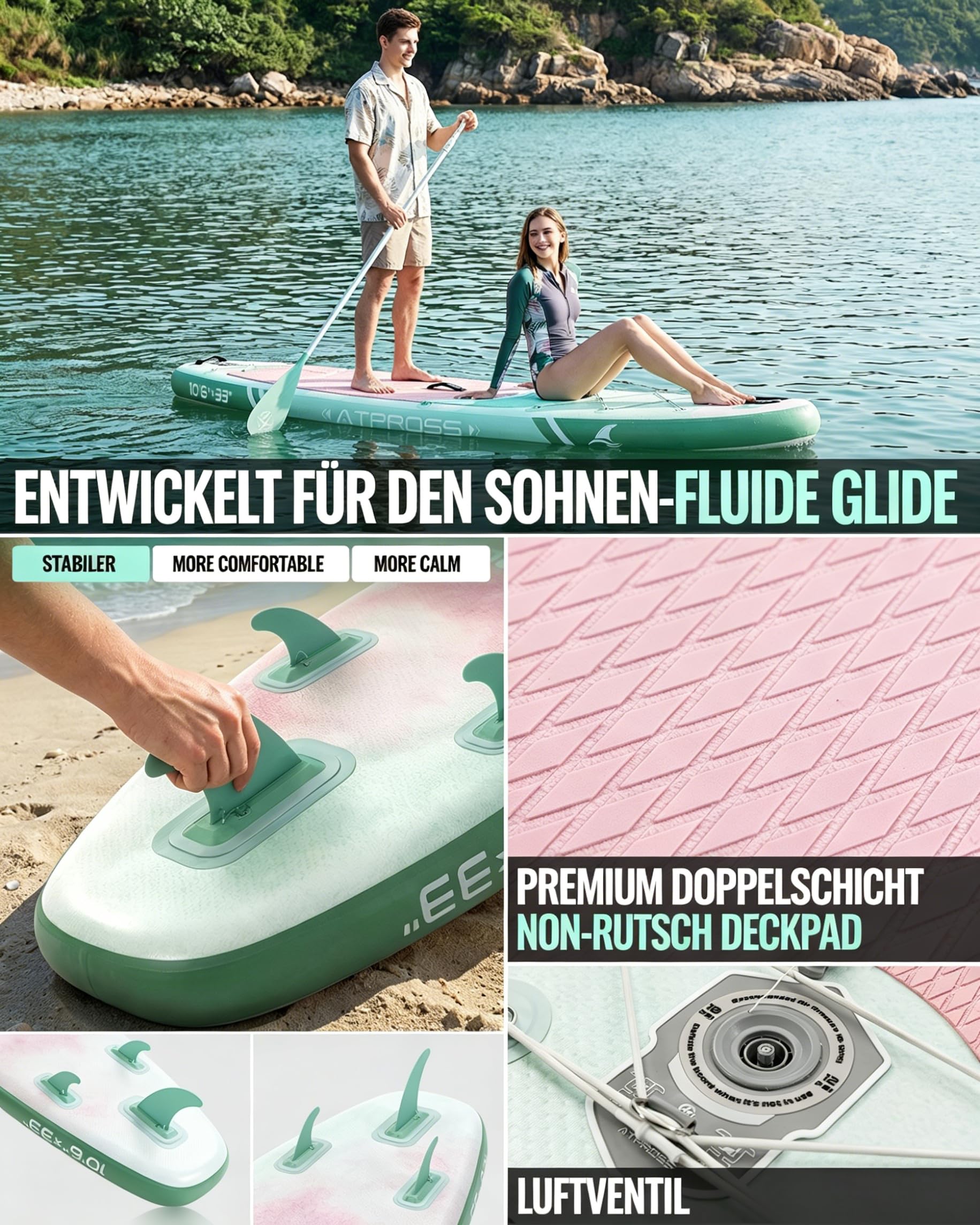 Stand Up Paddling Board, 320cm Stand Up Paddle mit Reichhaltigem Zubehör, SUP Board 200kg Tragkraft mit Eva-Rutschfestem Deck, Aufblasbare Paddleboard Geeignet für Erwachsene
