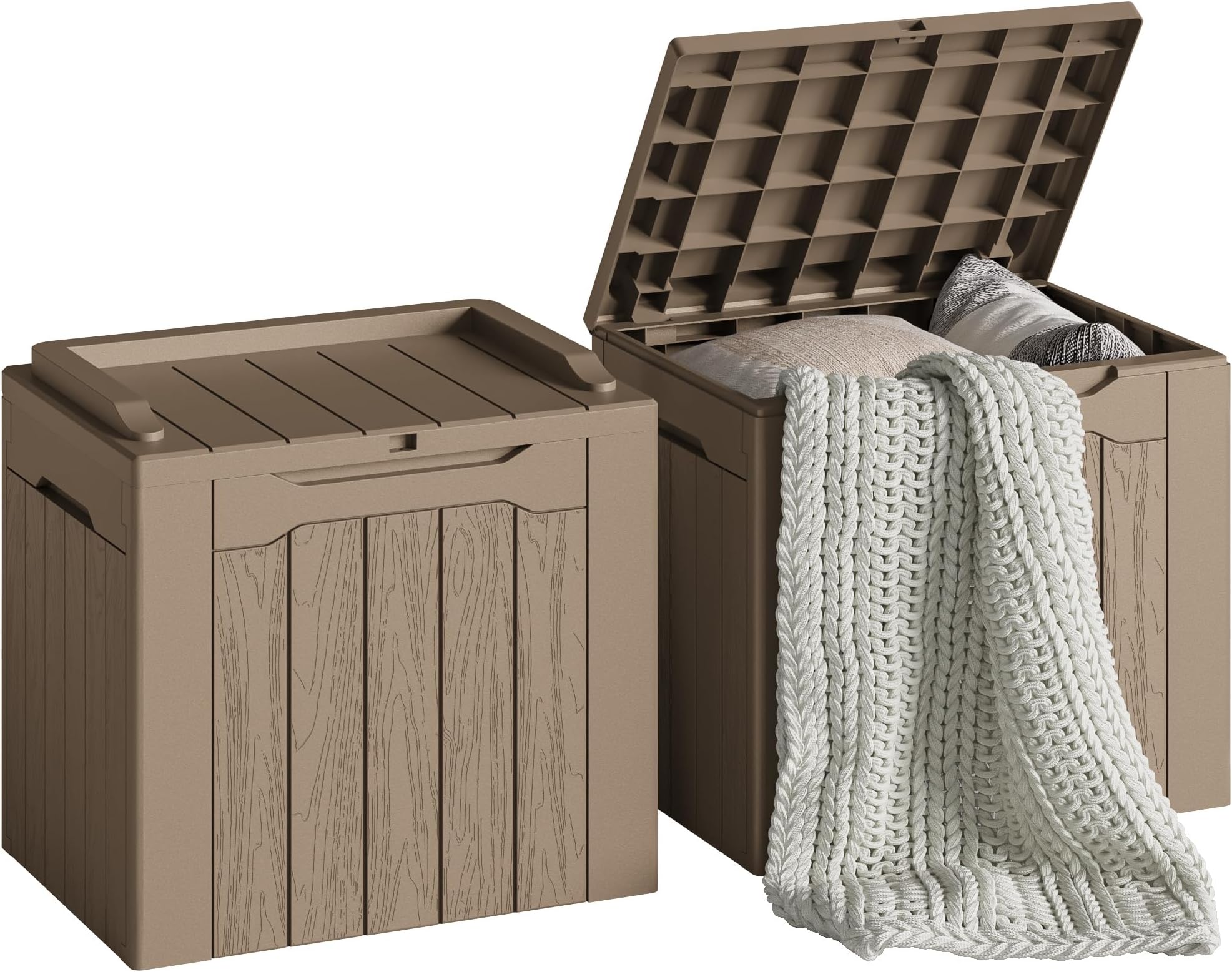 Devoko 30 Gallon Resin Deck Box 2 Pack Outdoor Indoor Waterproof Storage Box for Patio Furniture Pool Accessories Storage for Cushion Garden Tools (Light Brown, 2 Pack)