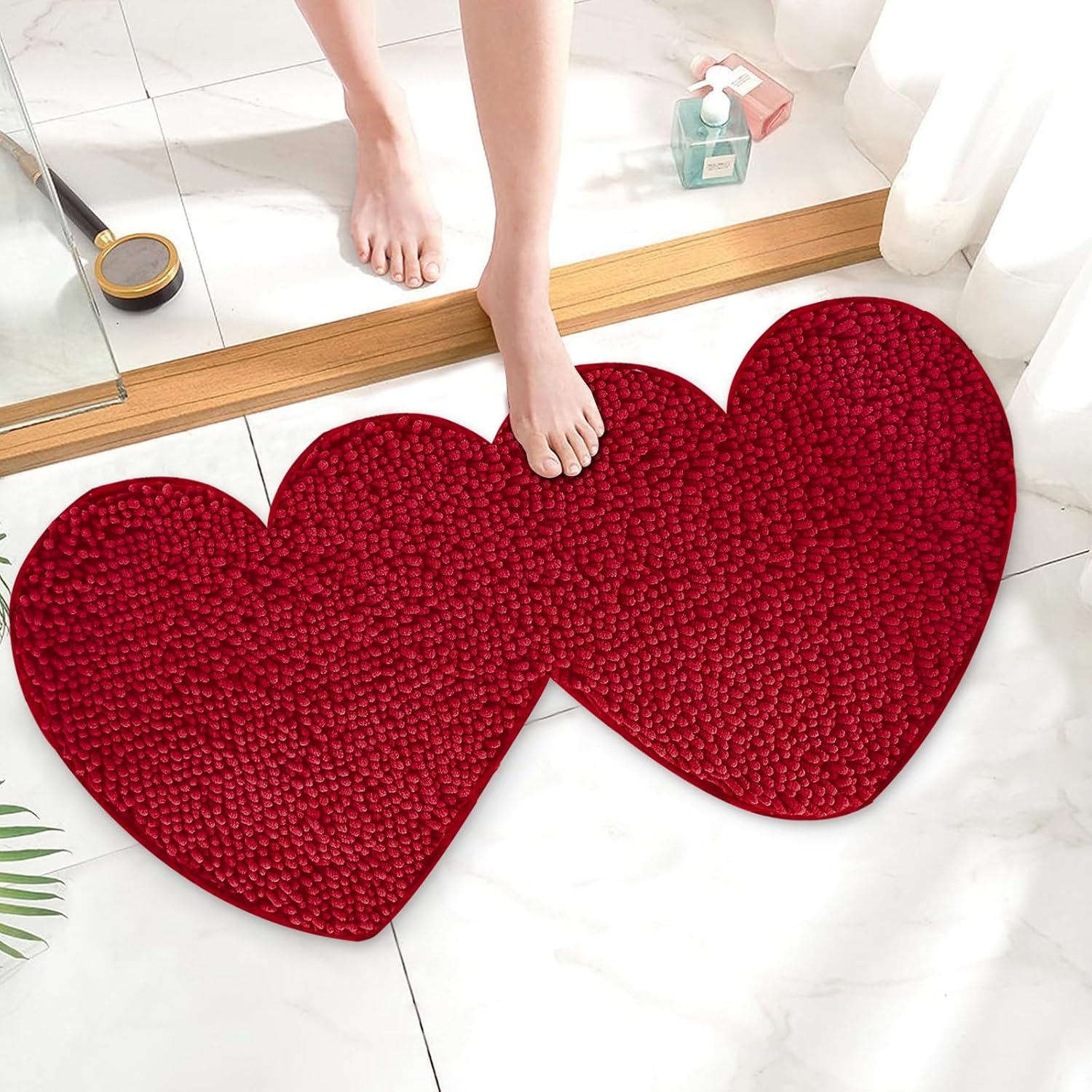 Valentine Day Bathroom Rugs Double Heart Shaped Love Decorative Deep Red Chenille Shower Mat Non Slip Washable Front Door Mat for Home Living Room Bedroom Bathroom Decor, 31.5 x 15.7 Inch