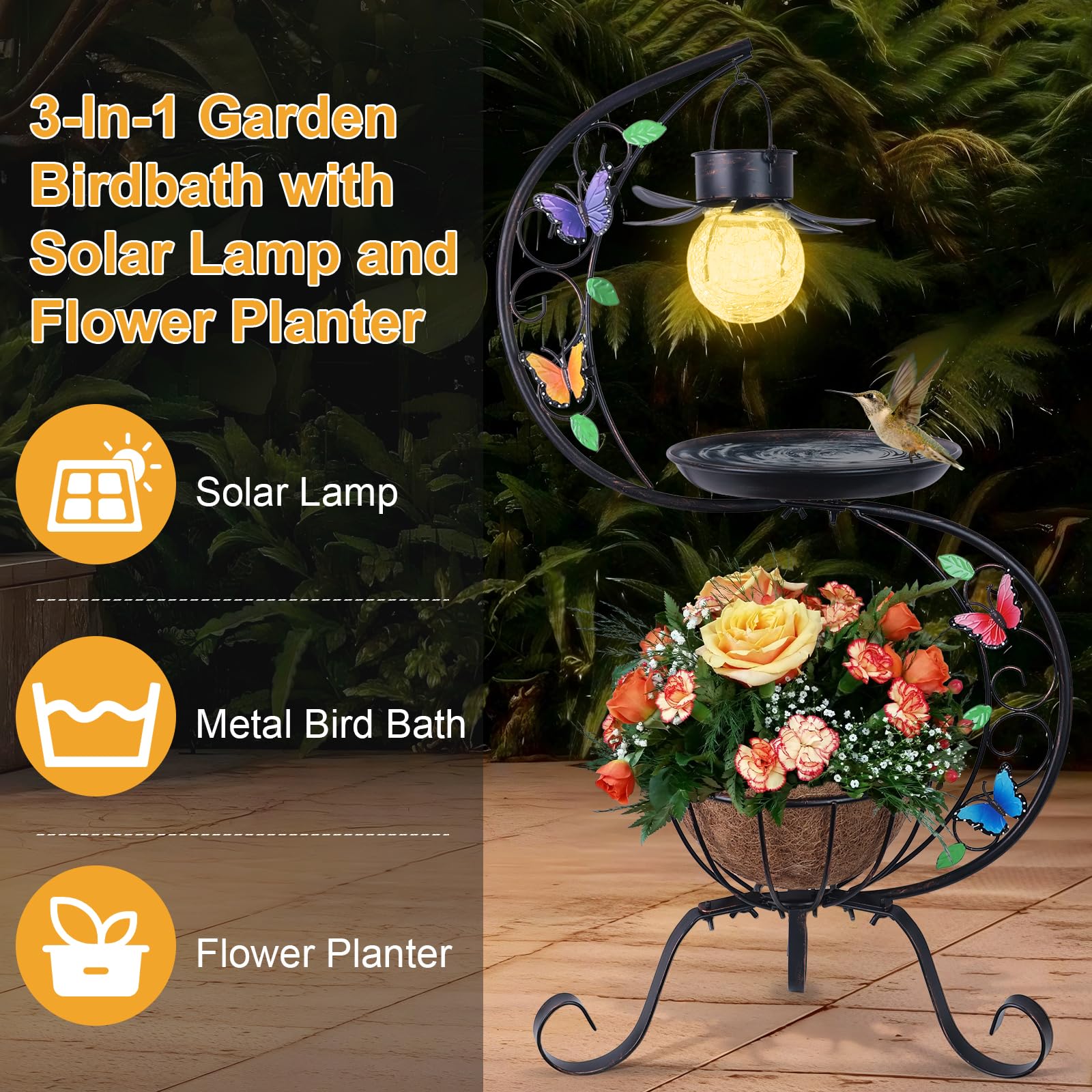 hogardeck Vogeltränke für Außen mit Solarlampe, Metall-Vogeltränke für den Außenbereich mit Blumen-Pflanzgefäß-Sockel, Vintage-Vogeltränke für Garten, Hof, Terrasse, Rasen-Dekor