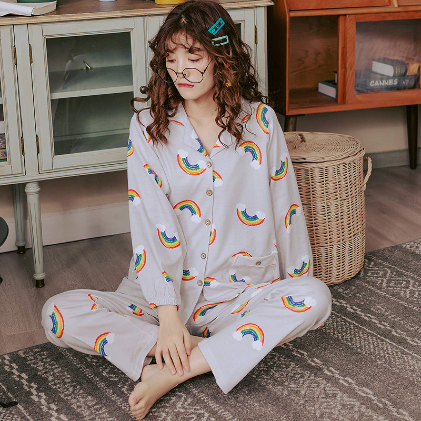 Piżamy damskie, komplety piżam w tęczowy wzór dla kobiet Stylowe piżamy z kreskówek Długie rękawy Długie patelnie Piżamy damskie Casual Homewear Big Size