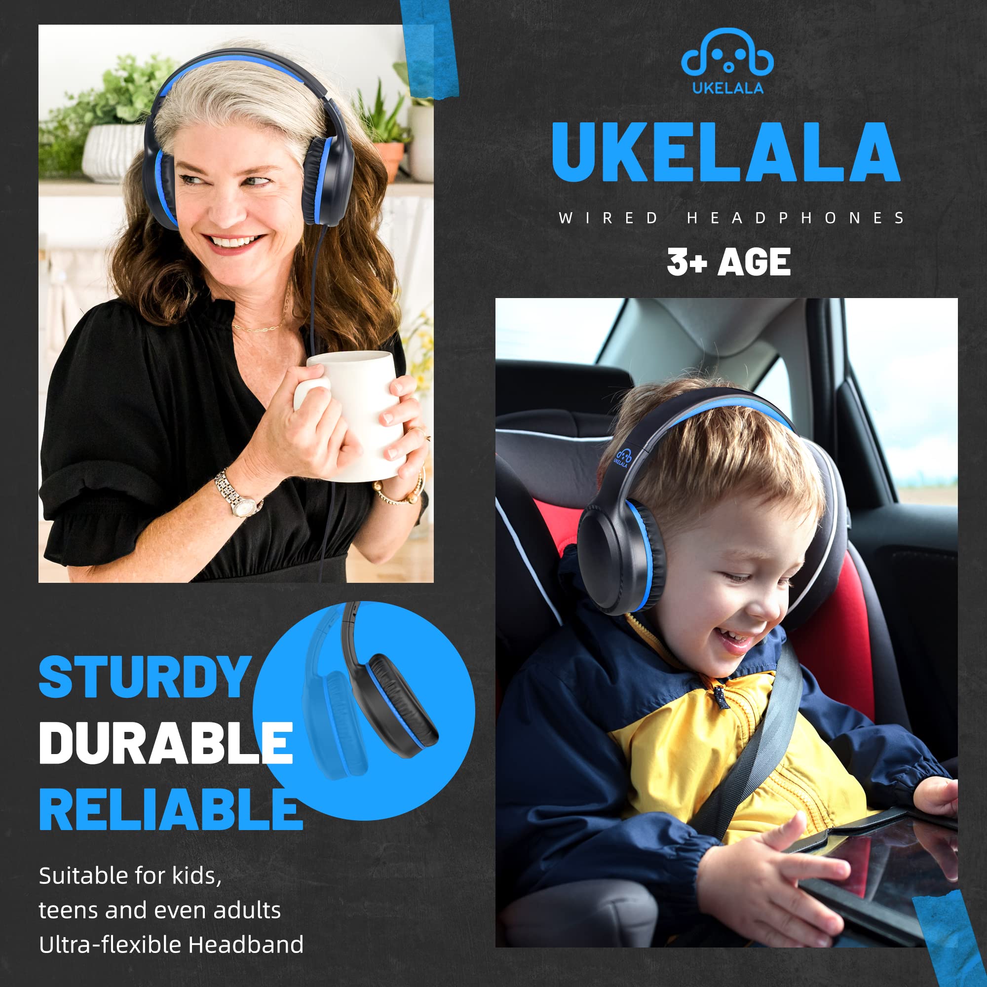 UKELALA Cuffie blu cablate per ragazzi Cuffie pieghevoli con filo per bambini Cuffie stereo portatili compatibili con computer PC Phone per scuola aula