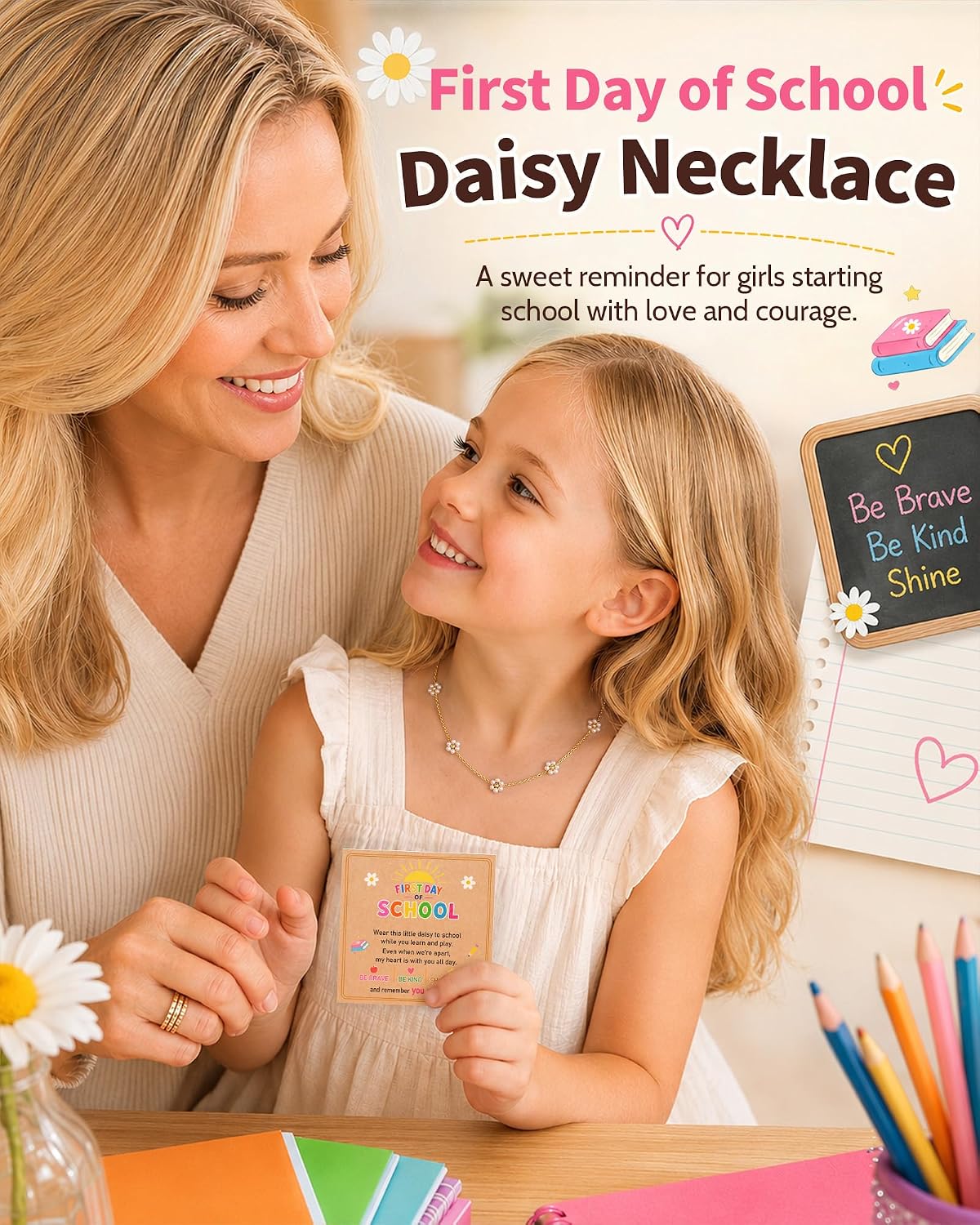 Eryuor New Beginnings, Daisy Necklace for Girls First Day of School Gifts