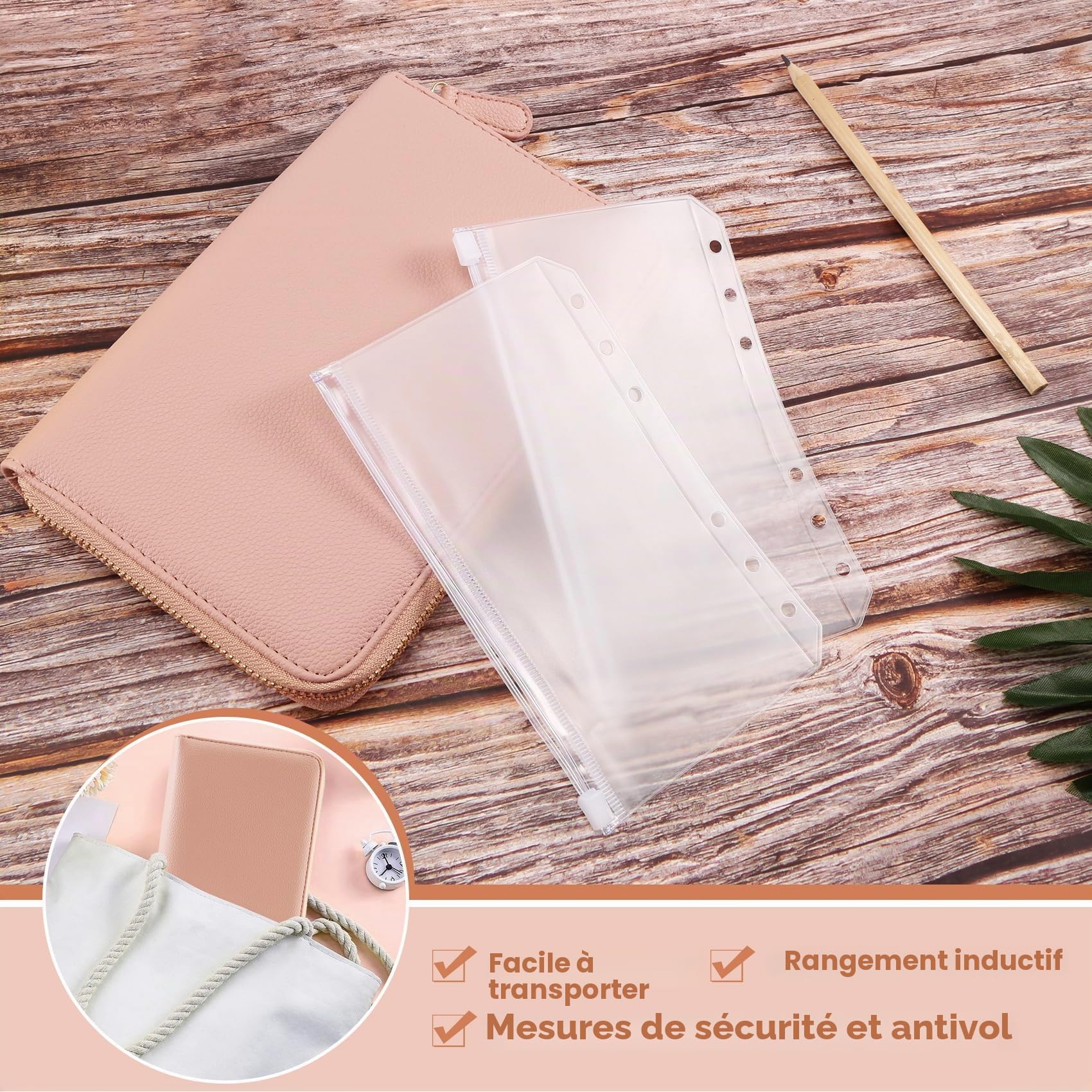 Classeur Budget A6 Organiseur Multifonction avec 12 Poches Transparentes, Livré avec Portefeuille et Enveloppes pour Cartes, Argent et Documents – Accessoire Idéal pour Gérer votre Budget Rose