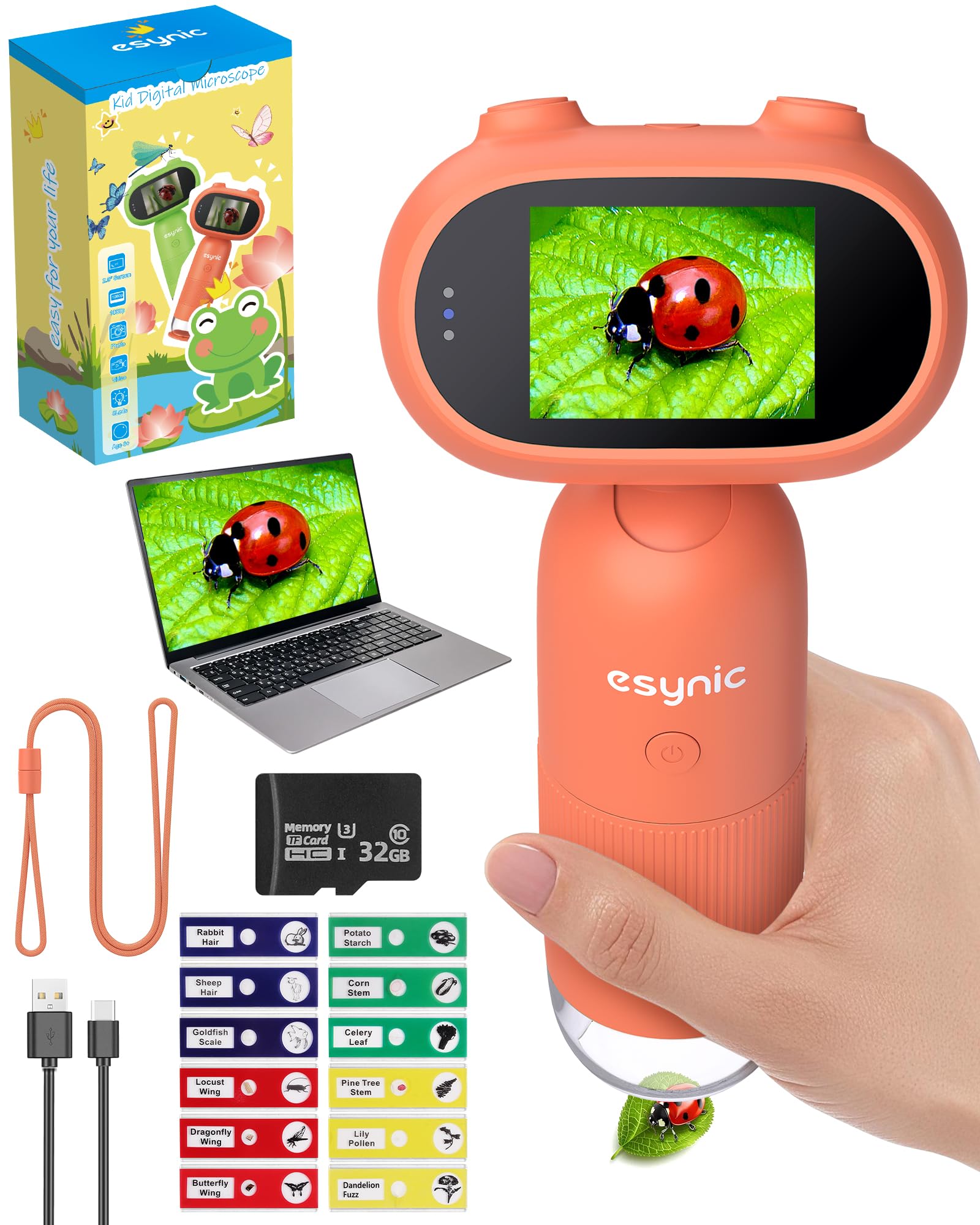 eSynic 500X-1000X Handheld Digital Microscope for Kids Rechargeable Mini Pocket Scope with 32G SD Card| 2.0" HD Screen| PC Connect | 12Pcs Slides,Science Edu Gift for Children Student Ages Over 6