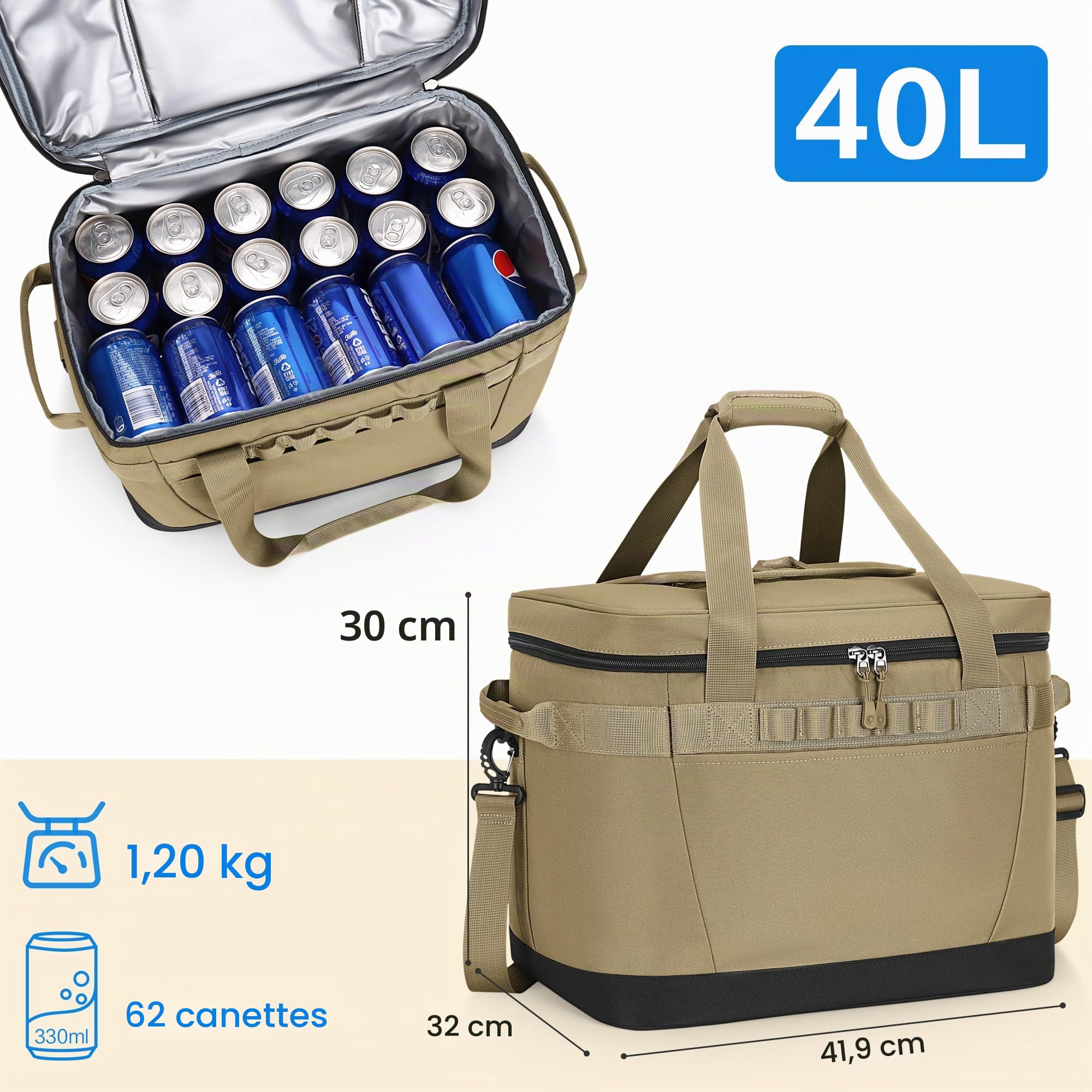 Glacière Souple, Grand Sac Isotherme Imperméable Anti-Fuite, Portable avec Bandoulière Amovible, Garde au Frais/Chaud pour Pique-Nique, Camping, Plage, Voyage