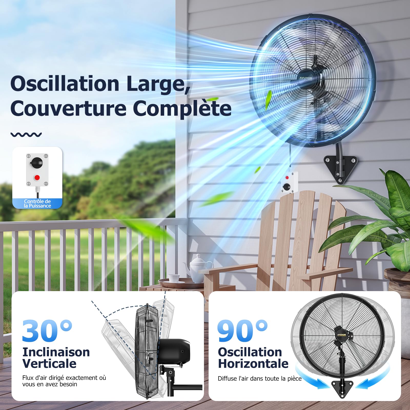 Ventilateur Mural Extérieur 60 cm avec Télécommande, Ventilateur Oscillant 4 Vitesses, Moteur DC Sans Balais Étanche, Ventilateur Industriel pour Garage, Entrepôt, Usine et Maison
