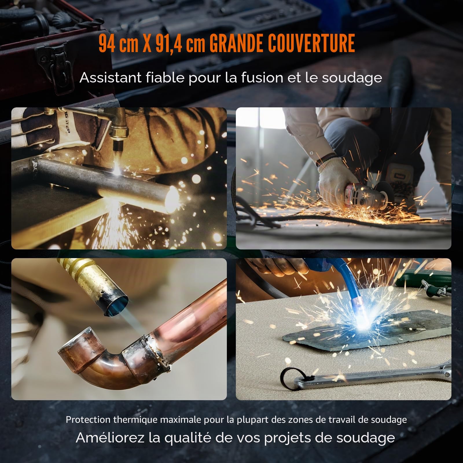 VEVOR Couverture de Soudage Ignifuge, Lot de 4 Couverture Anti-feu Fibre de Carbone 950x910 mm Résistante à la Chaleur 982 ℃ Tapis Isolant Découpable pour Protection Contre Étincelles, Éclaboussures