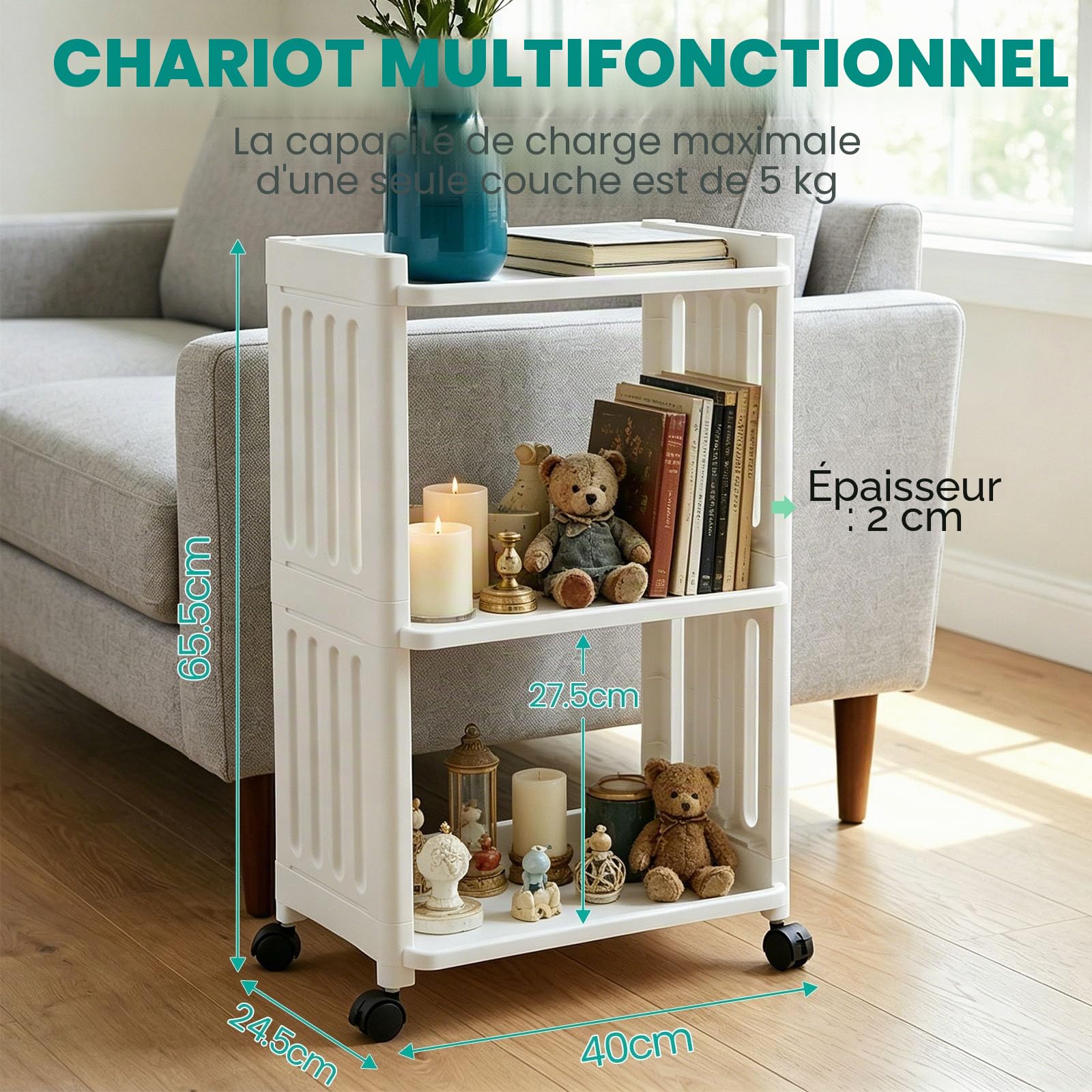 Chariot de bricolage Étagère à roulettes étroite Chariot de rangement en plastique à 3 étages avec 4 roues Chariot de salle de bain Cuisine Étagère de salle de bain pour salon Bureau Chariot