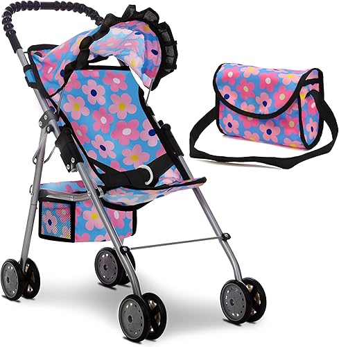 Dolls To Play Cochecito de muñeca de bebé para niñas, juguete de juguete para niños, carrito plegable con toldo cesta de almacenamiento, bolsa de