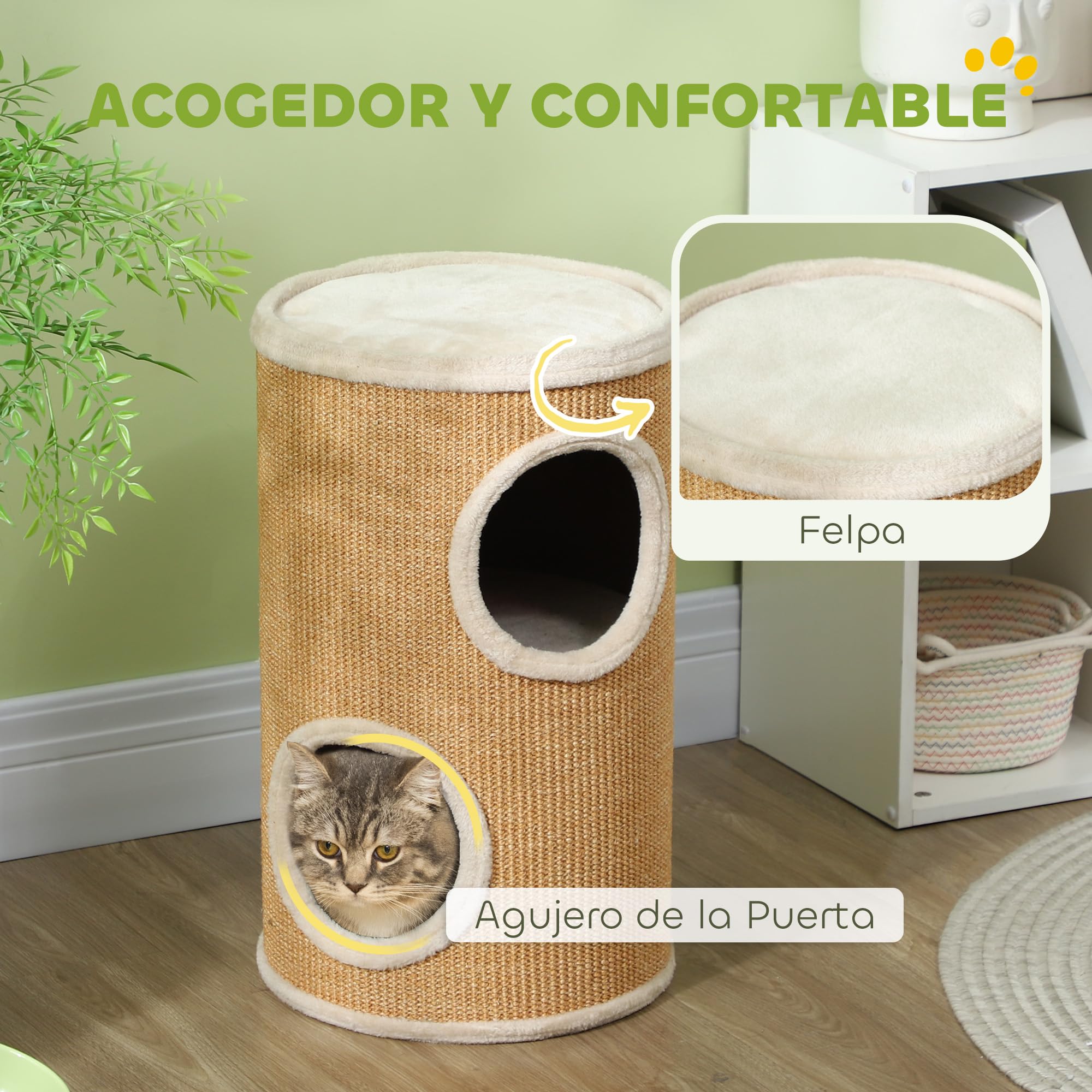 PawHut Barril Rascador para Gatos 60 cm de Altura, Tonel de Escalada con 2 Cuevas y Cubierta de Sisal, Torre Rascador para Gatos, Ø35x60 cm, Marrón y Beige