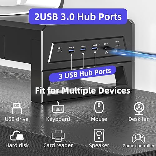 Miniatura 2 de Soporte para monitor de computadora con 2 cajones, estante de escritorio para laptop y elevador de monitor, carga de 22 W, 2 USB 3.0 y 1 USB 2.0,