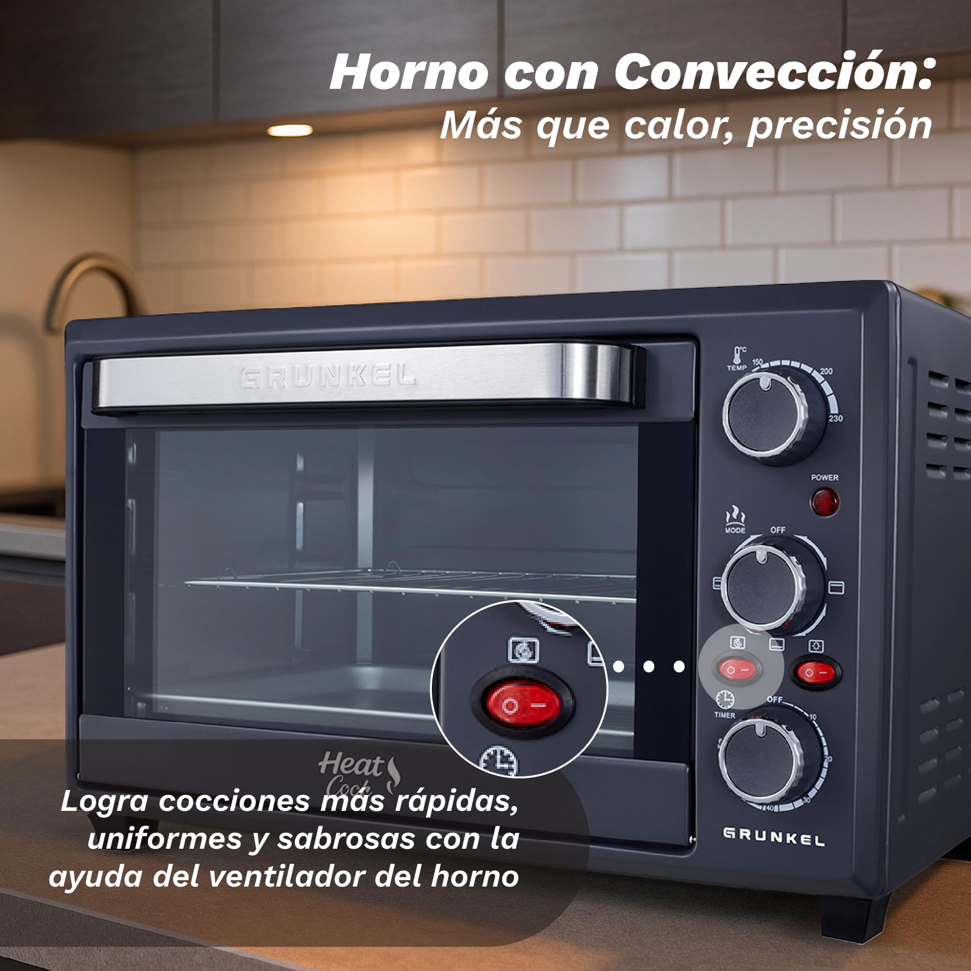Grunkel Forno elettrico multifunzione da tavolo da 28 l con 3 funzioni di calore e selettore di temperatura fino a 230 °C. Timer fino a 60 min - 1600 W