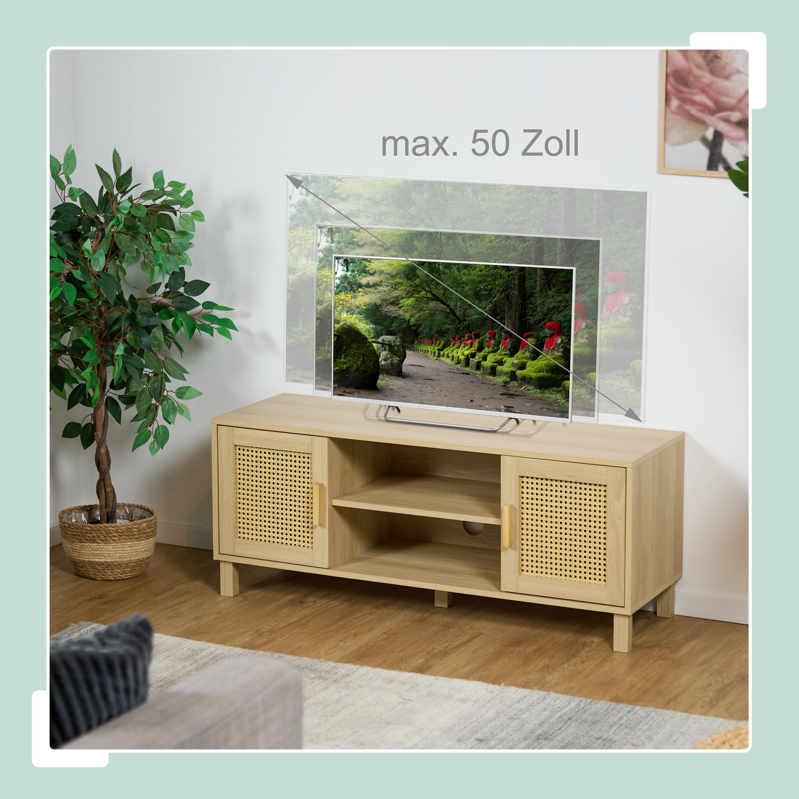 Relaxdays Meuble TV, Lowboard, Style rotin, Console Basse jusqu'à 50 Pouces, Effet Bois, HxLxP: 48x115x40 cm, Naturel