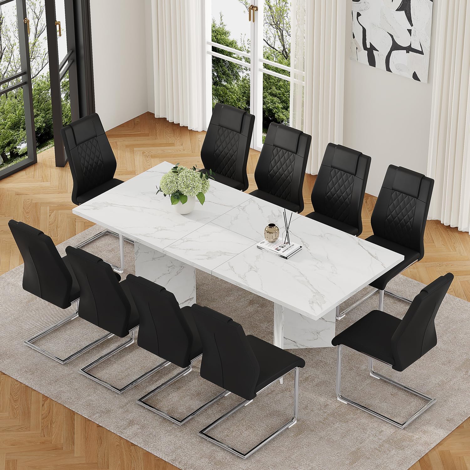 Dining Table Set for 10, 63”-79” Extendable White Faux