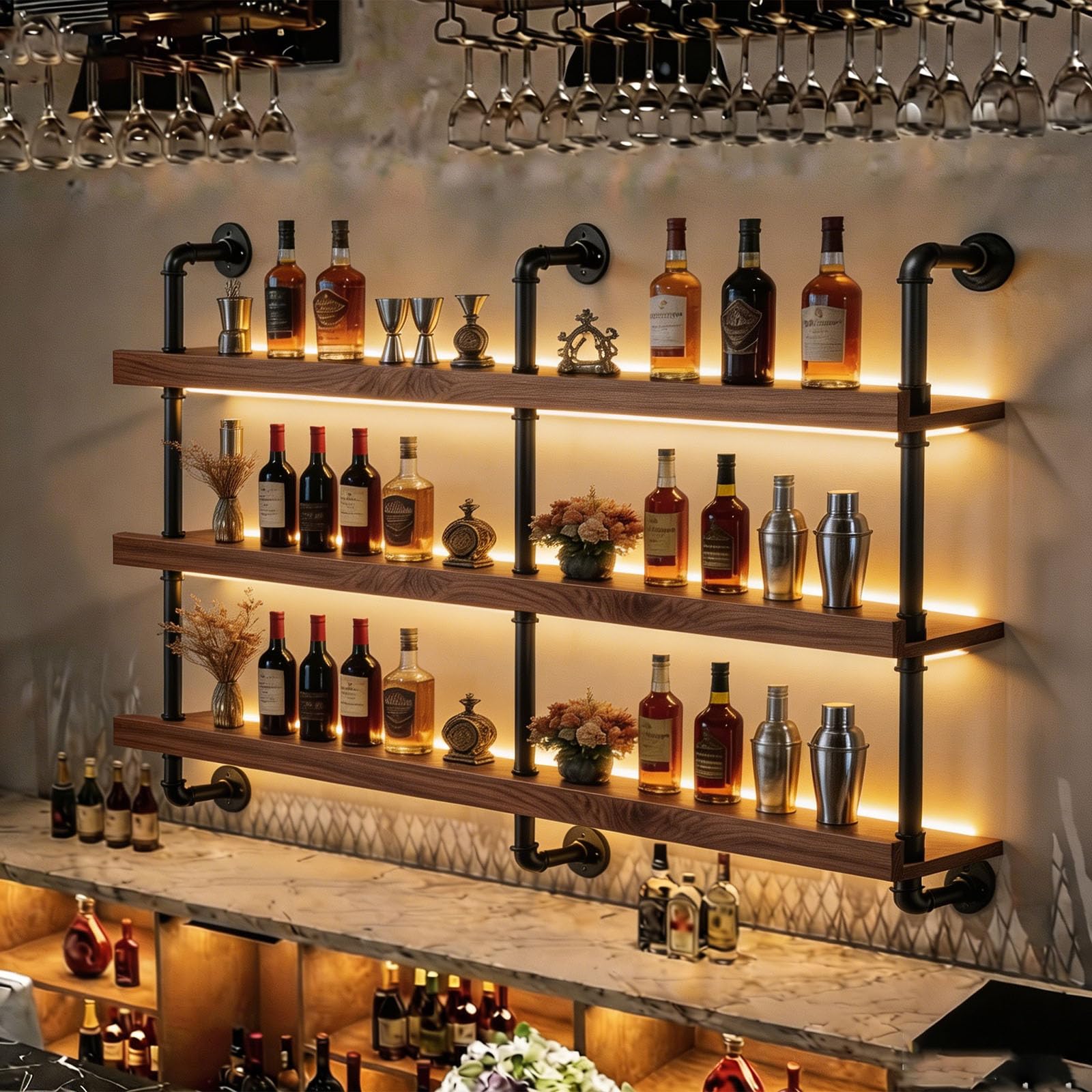 Portabottiglie da Parete con Luci a LED, Ripiani Espositivi Galleggianti in Ferro e Legno a 2 o 3 Livelli per Liquori, Portabottiglie da Parete Industriale, per Bar e Cucina (Noce, 3-125CM)