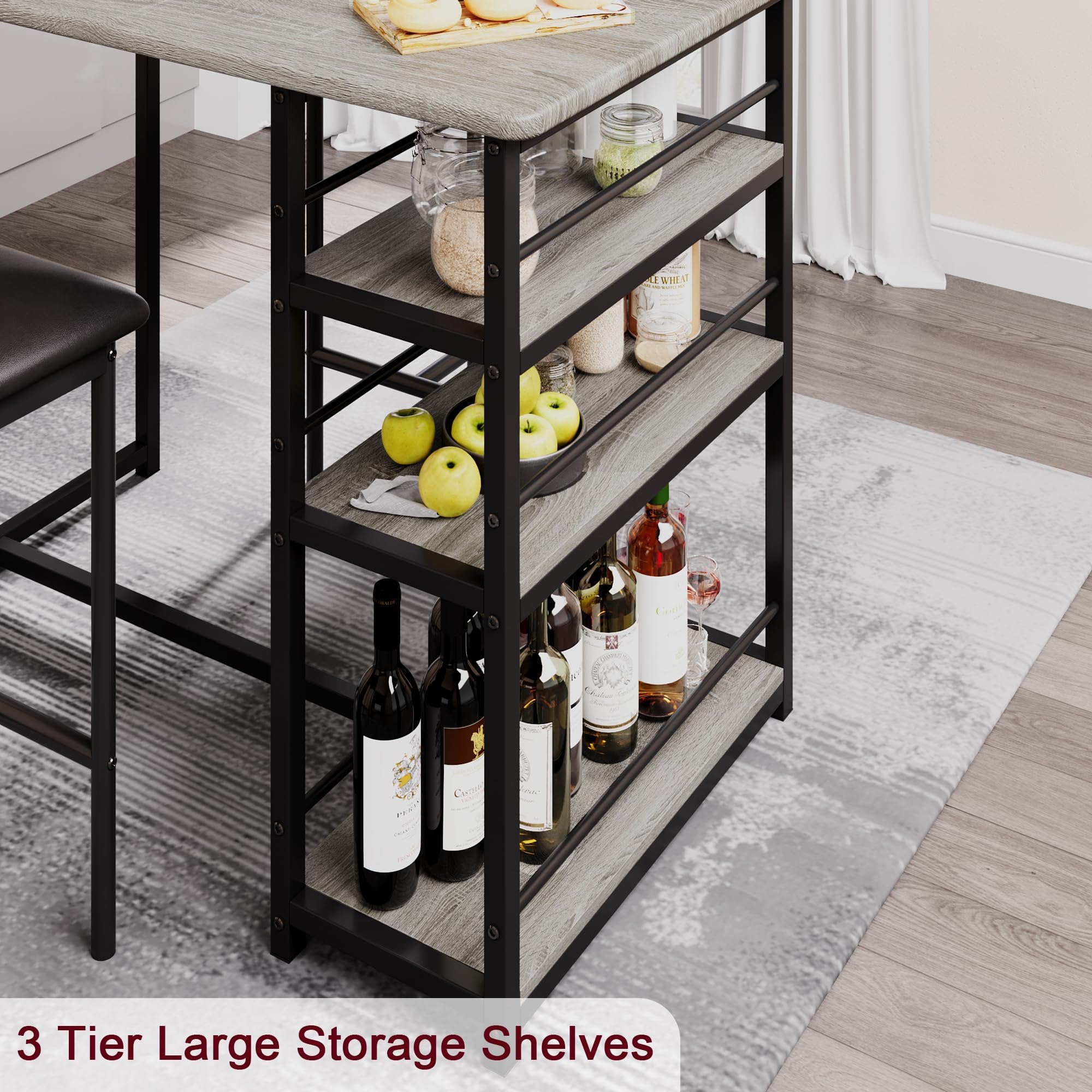 GarveeHome Set di 3 tavoli rialzati – 1 tavolo + 2 sedie imbottite, tavolo da cucina compatto con 3 ripiani, salvaspazio e stabile, metallo + MDF, ideale per cucina, bar e angolo colazione, grigio