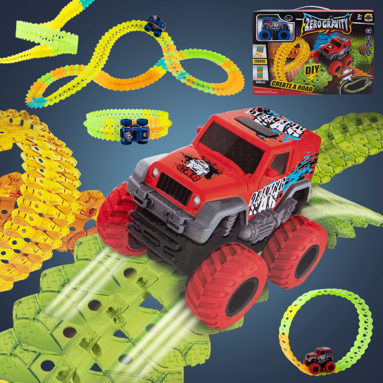 Race Track for Boys Kids,120PCS Flexible Magic Car Racing Track with LED Light-Up Car, 9.5FT Toy Car Track for Boys Aged 3+, Glow in The Dark Race Track Set, STEM Toys Best Birthday Gift