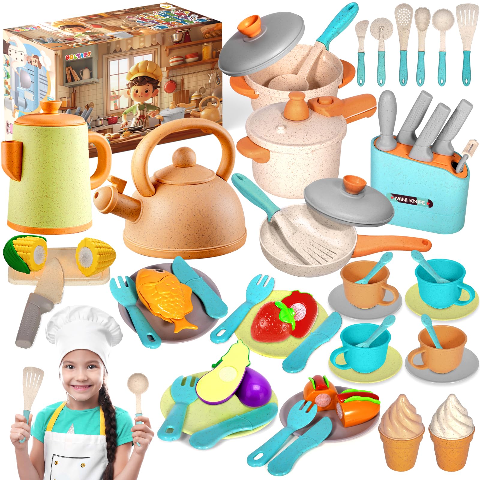 49 Piezas Juguetes de Cocina para Niños - Accesorios y Utensilios, Juego de Ollas y Sartenes, Juego de Rol para Mayores de 3 4 5 6 Años