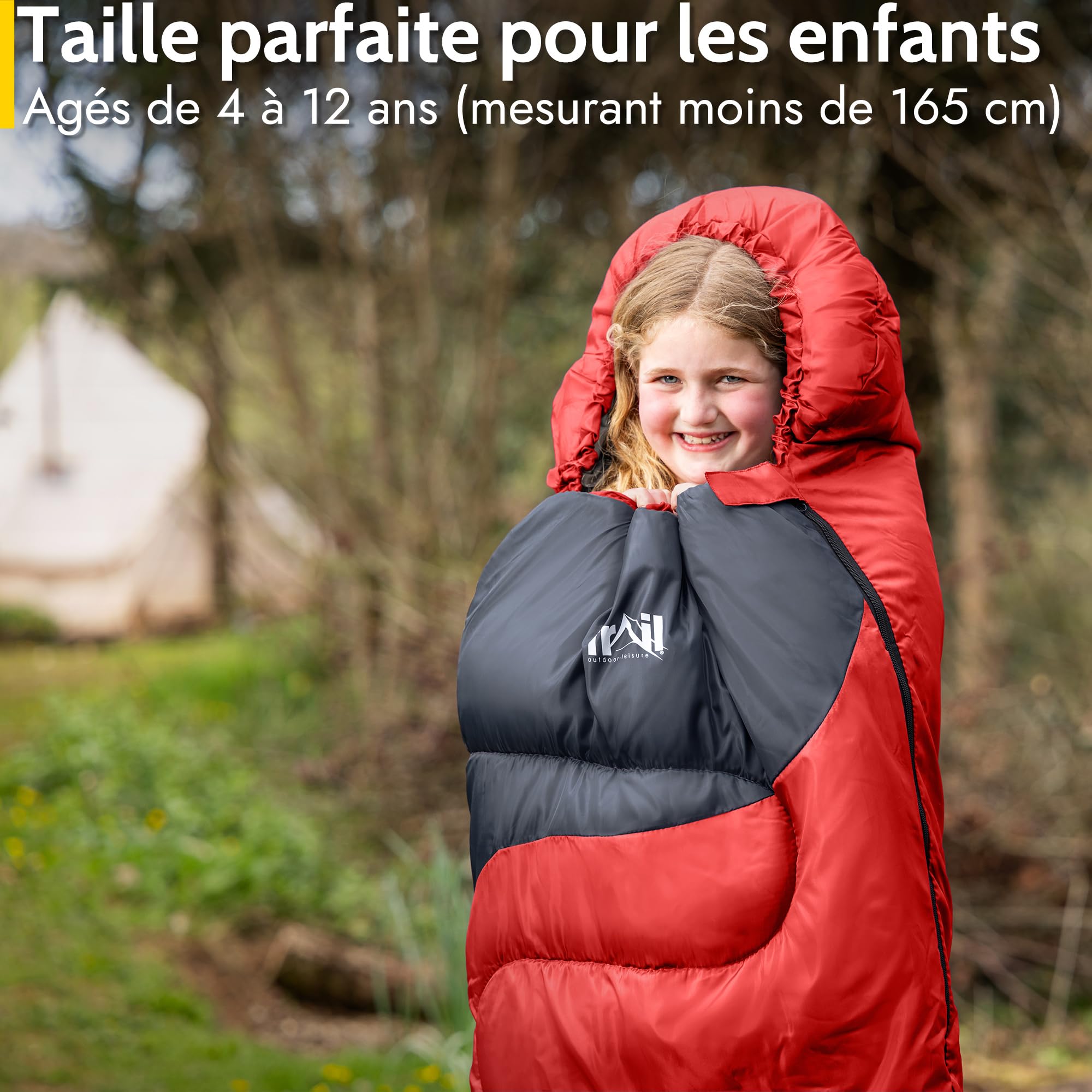 Trail Sac de Couchage Momie Enfant – Sac Couchage Enfant de Camping, Fille ou Garçon, 300 GSM pour 3 Saisons – Duvet Enfant avec Sac à Dos Léger