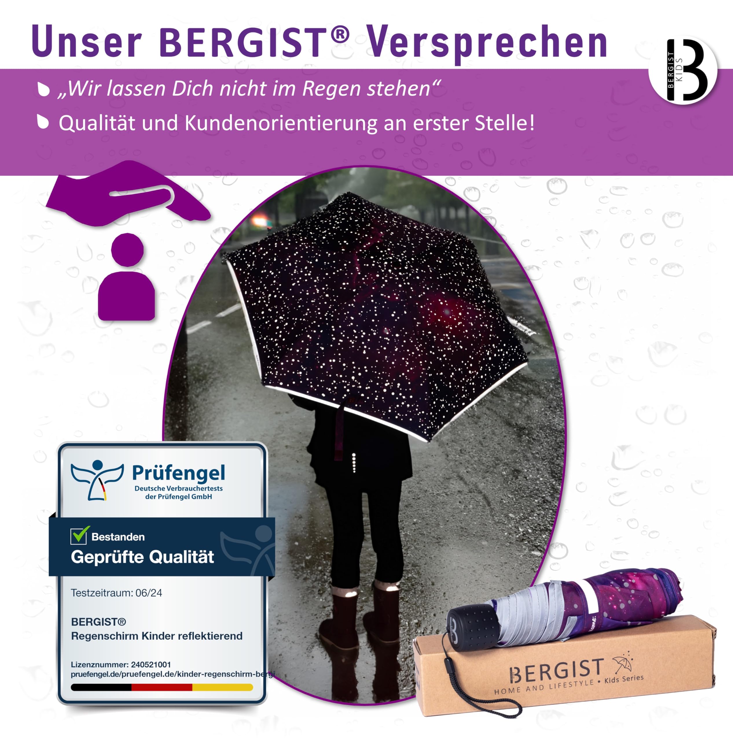 Regenschirm Kinder reflektierend - Schulranzen Kinderschirm ultraleicht - Schirm für Mädchen & Jungen - Galaxie