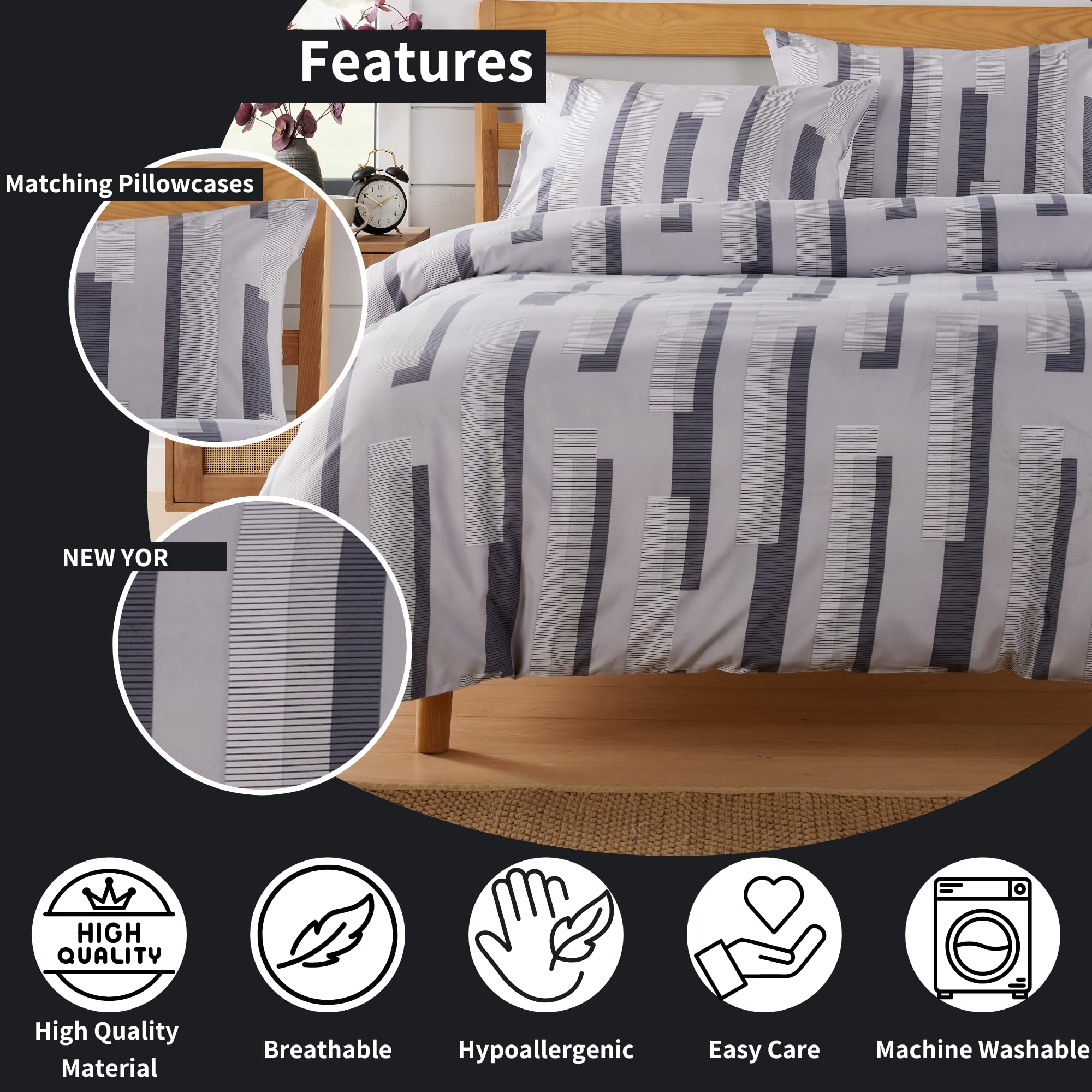 Olivia Rocco Easy Care Printed Duvet Cover Set 100% Polyester Breathable Stylish Comforter Reversible Quilted Bedding Bed Sets With Pillowcases NEW YORK DUVET SET - Image 4