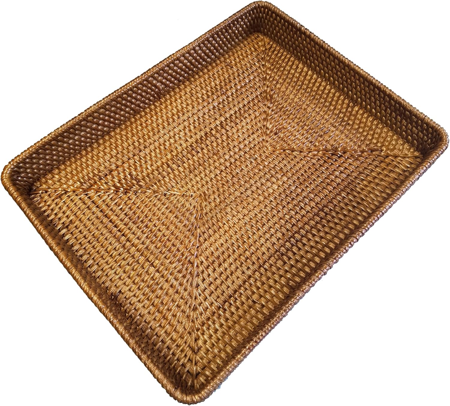 i-lan 17 Inch Coffee Brown Rectangle Rattan Ottoman Coffee Table Serving Tray Without Handles,Natural Wicker Rectangular Serving Platter with 2.4” Wall for Table Accessories,Kitchen,Dinning Room