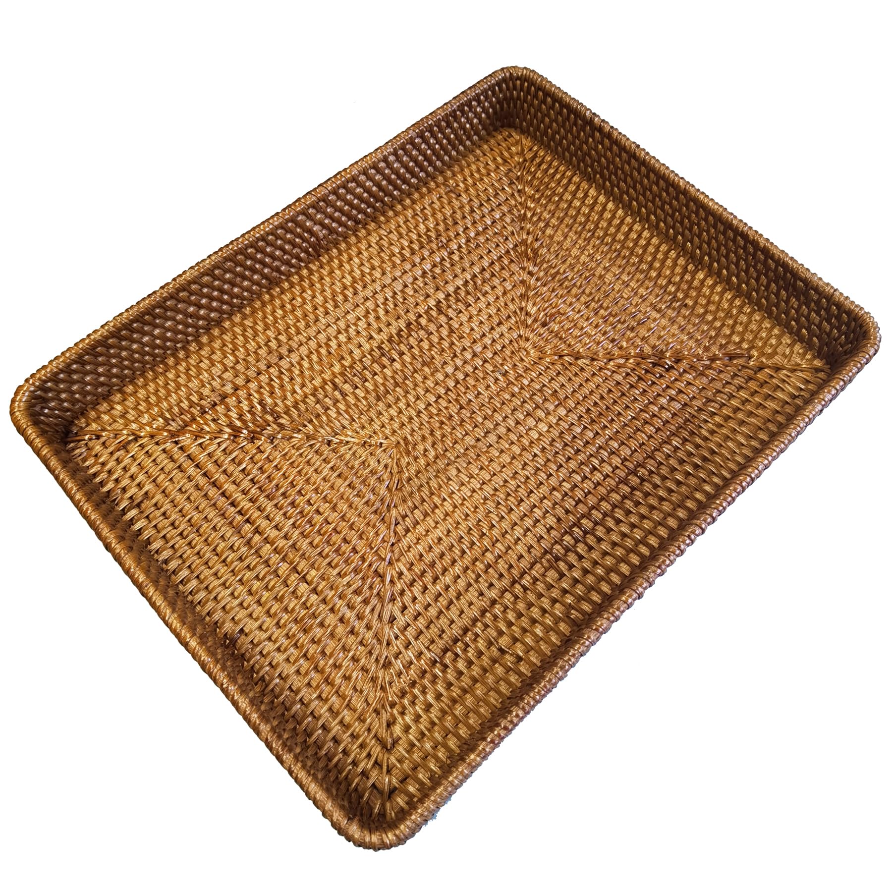 i-lan 17 Inch Coffee Brown Rectangle Rattan Ottoman Coffee Table Serving Tray Without Handles,Natural Wicker Rectangular Serving Platter with 2.4”
