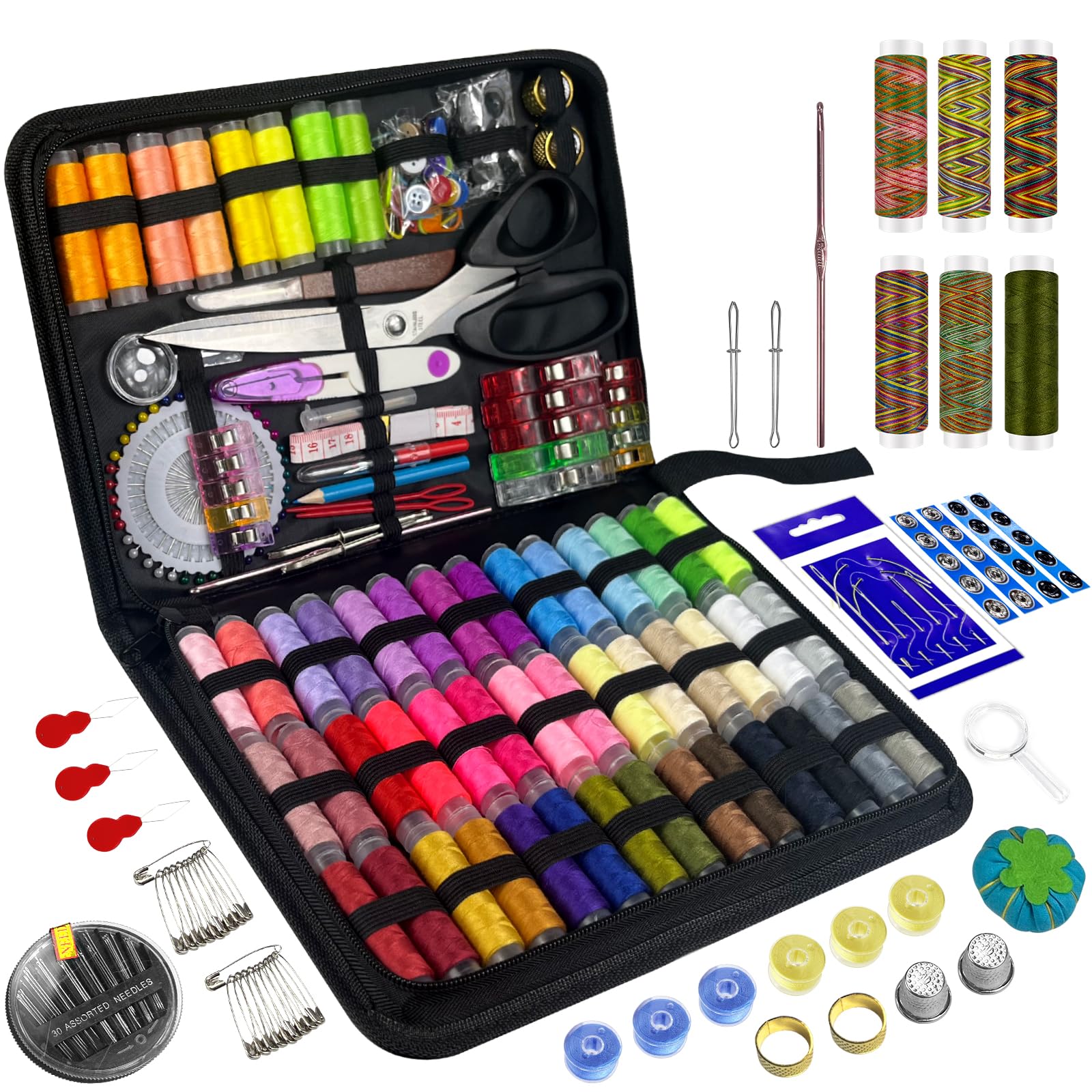 Kit de costura de 305 piezas para adultos, 56 carretes de hilo de colores, kit portátil de aguja e hilo para coser con tijeras y accesorios para adultos, niños, principiantes, hogar, viajes, emergencias.