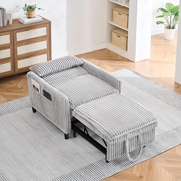 Deolme 3 in 1 Chair Bed Sleeper, Modern Plush Corduroy Comfy Futon Couch Single Sofa with Pullout Bed Adjustable Backrest Recliner Living Room Bedroom Lounge, Grey