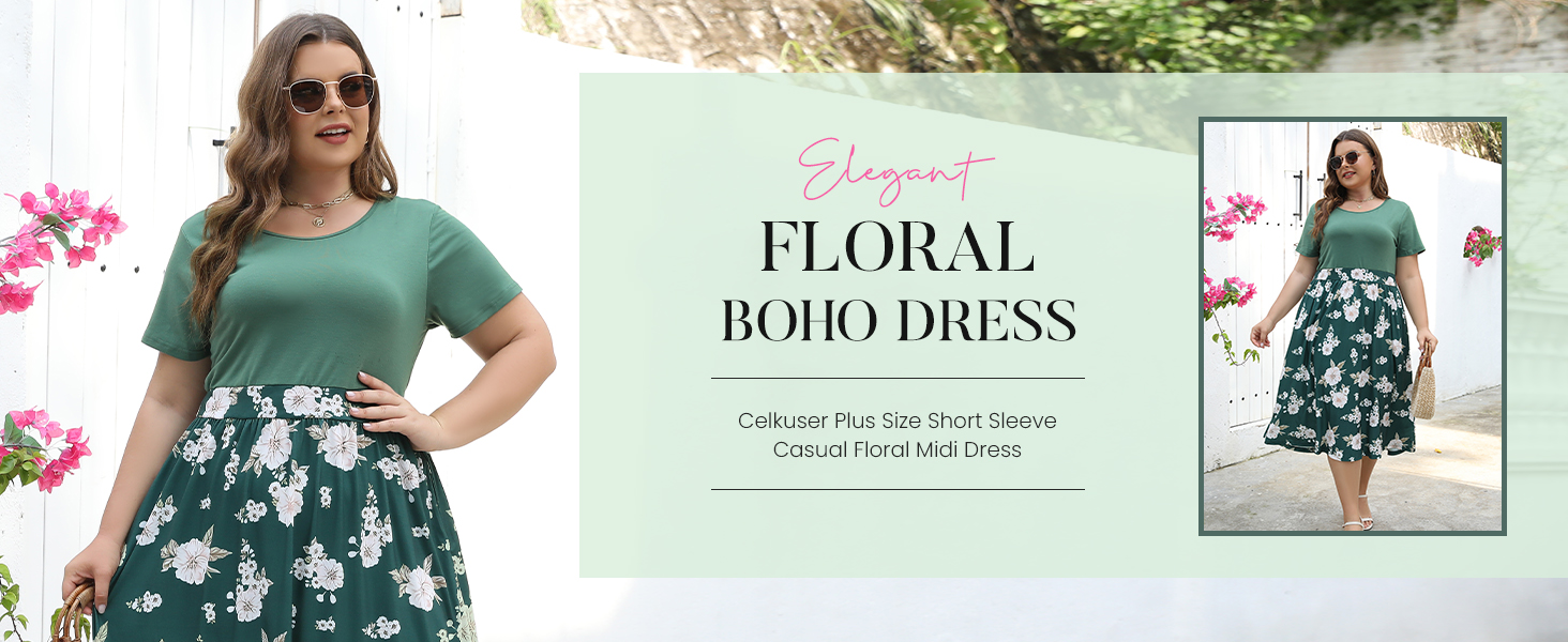 Celkuser Women's Plus Size Floral Midi Dress - Short Sleeve Wrap V-Neck Boho Dress With Pockets, A-Line - View #3