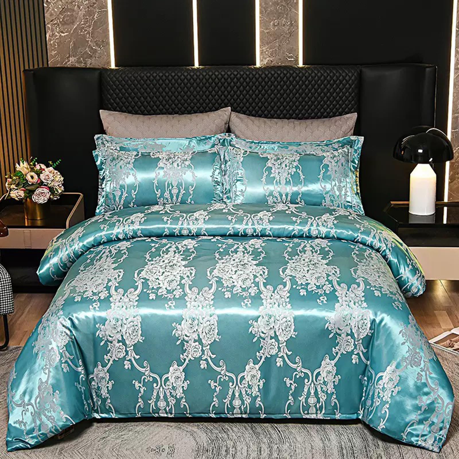 E-yimeng King Size Duvet Cover Sets Silk Satin Bedding Sets Premium Brushed Microfiber Duvet Set with 2 Pillowcases Zipper Luxury Super Soft Machine Washable 230x220 cm Grey Green