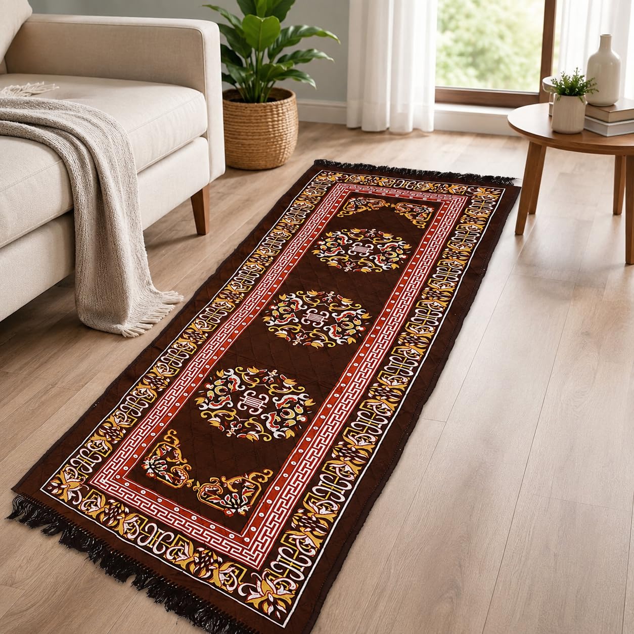 BENAVJI Traditional Floral Printed Carpet Rug for Living Room | Soft Floor Mat with Decorative Tassel Border | Anti-Skid Multipurpose Area Rug for Bedroom, Hall & Home Décor Pack of 1-image-26