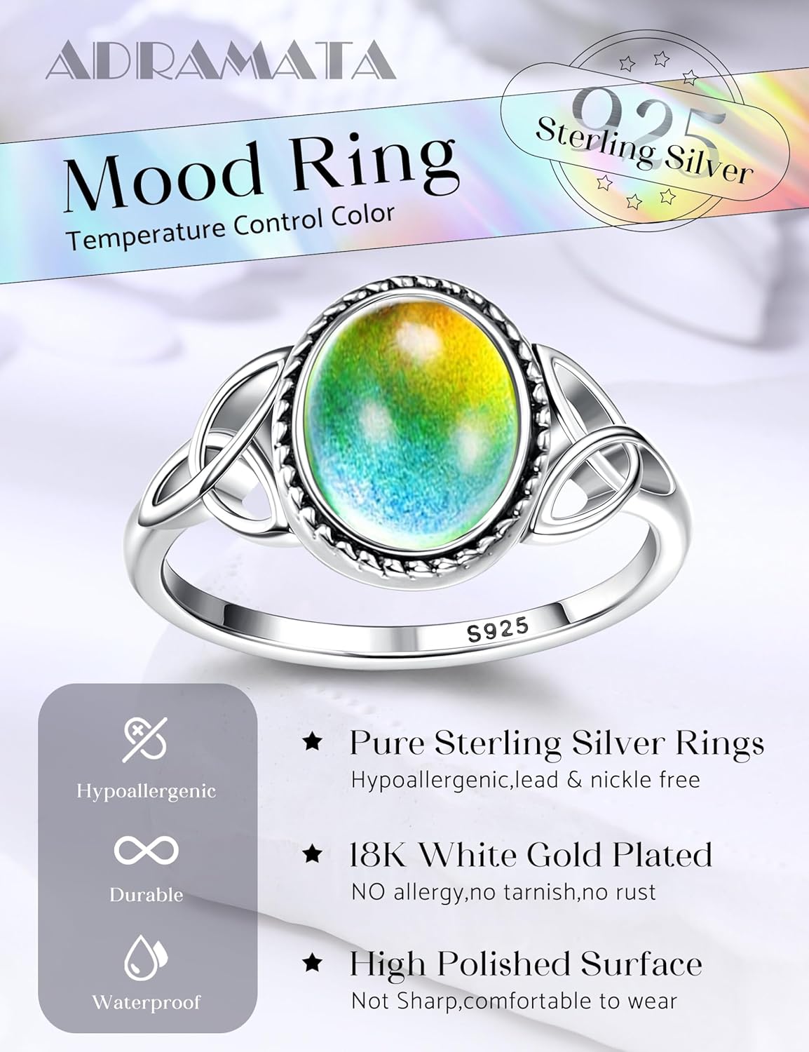 ADRAMATA 925 Sterling Silver Mood Ring for Women Vintage Celtic Knot Rings Jewelry 18K White Gold Plated Oval Solitaire Mood Ring Temperature Control Color Change Mood Ring - Image 5