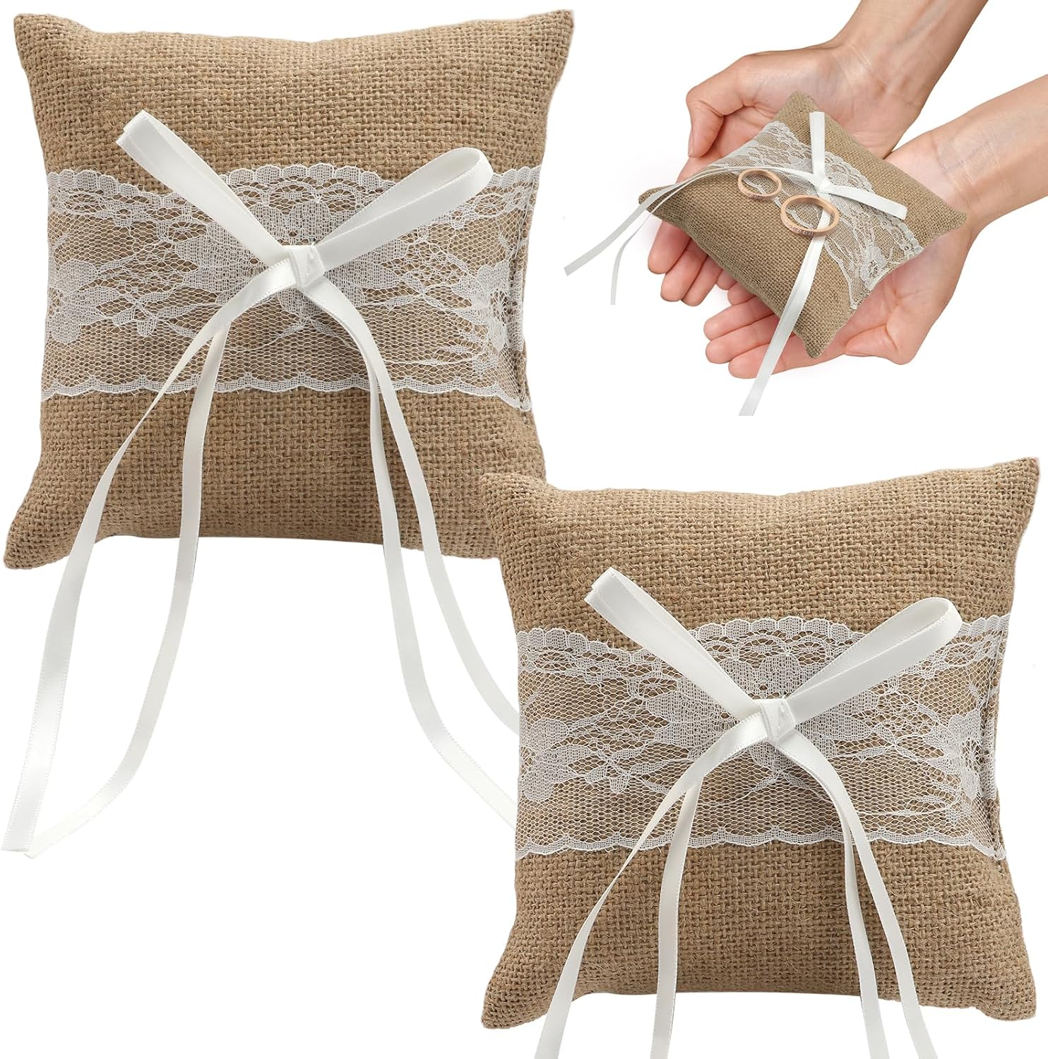 2 PCS Ring Pillow for Ring Bearer, Lace Pearl Ivory Ring Bearer Pillows | Wedding Ring Pillow Cushion with Satin Ribbon, Perfect for Wedding Ceremony, Engagement Party & Bridal Shower Decor White