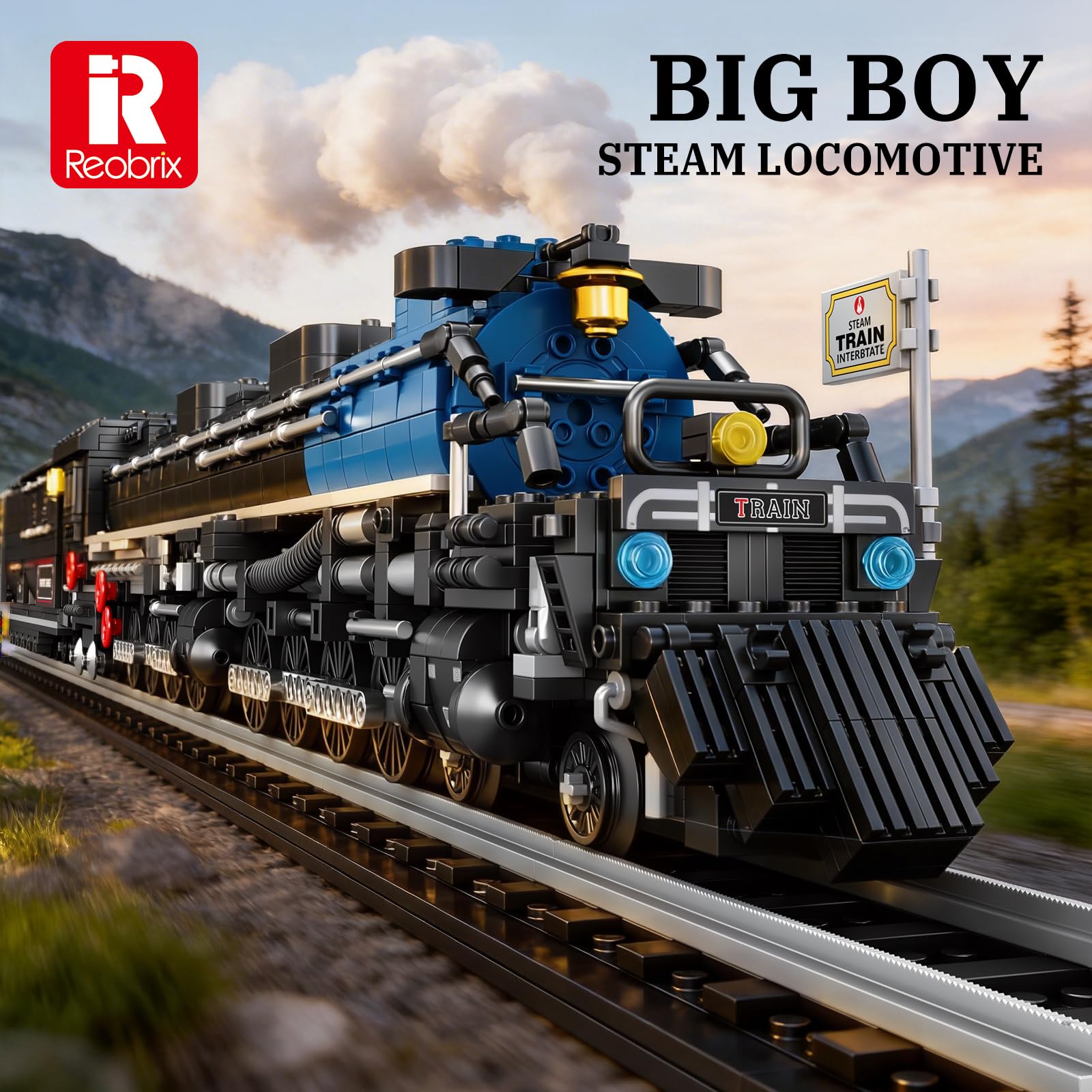 Reobrix 66805 Big Boy Dampflok Modellbau Set für Erwachsene, Fast 1 Meter Lange Dampflokomotive Klemmbausteine Set, Detailgetreues Eisenbahnmodell mit Gelenk-Lokomotive, Realistisches Retro Zugmodell