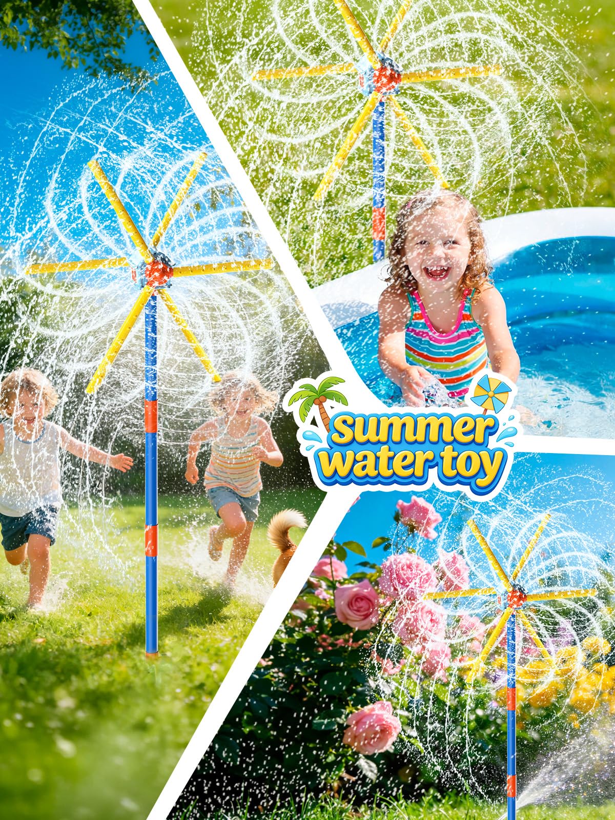 TERRAMUS Arroseur moulin à vent de 150 cm pour enfants Jouets d'été, Jouet d'eau à éclaboussures rotatif à 360°, Double face amélioré avec 6 pales, Jeux d'extérieur en plein air Amusement estival pour