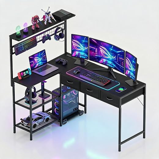 L Shaped Gaming Desk w/LED Light, Power Outlet, Storage - $199.98