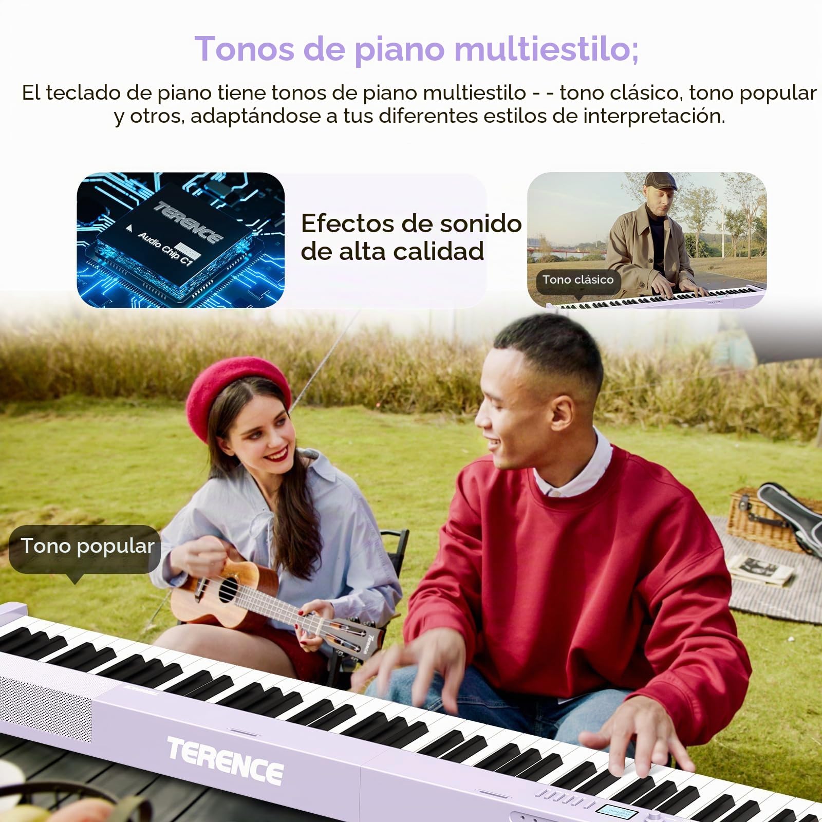 TERENCE Piano Plegable de 88 teclas con batería de 1800mAh 2x5W Altavoces Pedal Piano Bluetooth interfaz MIDI soporte para partituras bolsa adhesiva cable de audio pedal piano púrpura