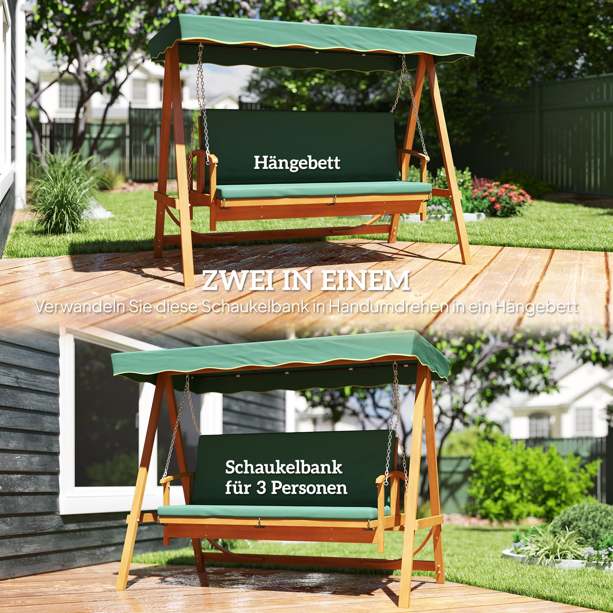 Outsunny Columpio de jardín 2 en 1 con función reclinable, columpio de madera de 3 plazas, columpio de madera con cubierta solar, banco balancín hasta 330 kg, para jardín, terraza, 236 x 130 x 181 cm