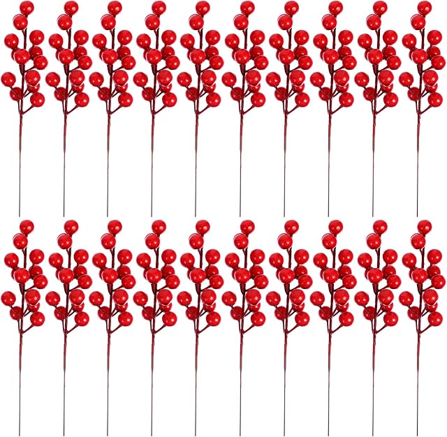 TOYANDONA 20pcs Artificial Red Berries Cherry Stems Holly Christmas Berries Festival Holiday Crafts Stems for Christmas Tree Decorations Wreath Crafts Home Decor