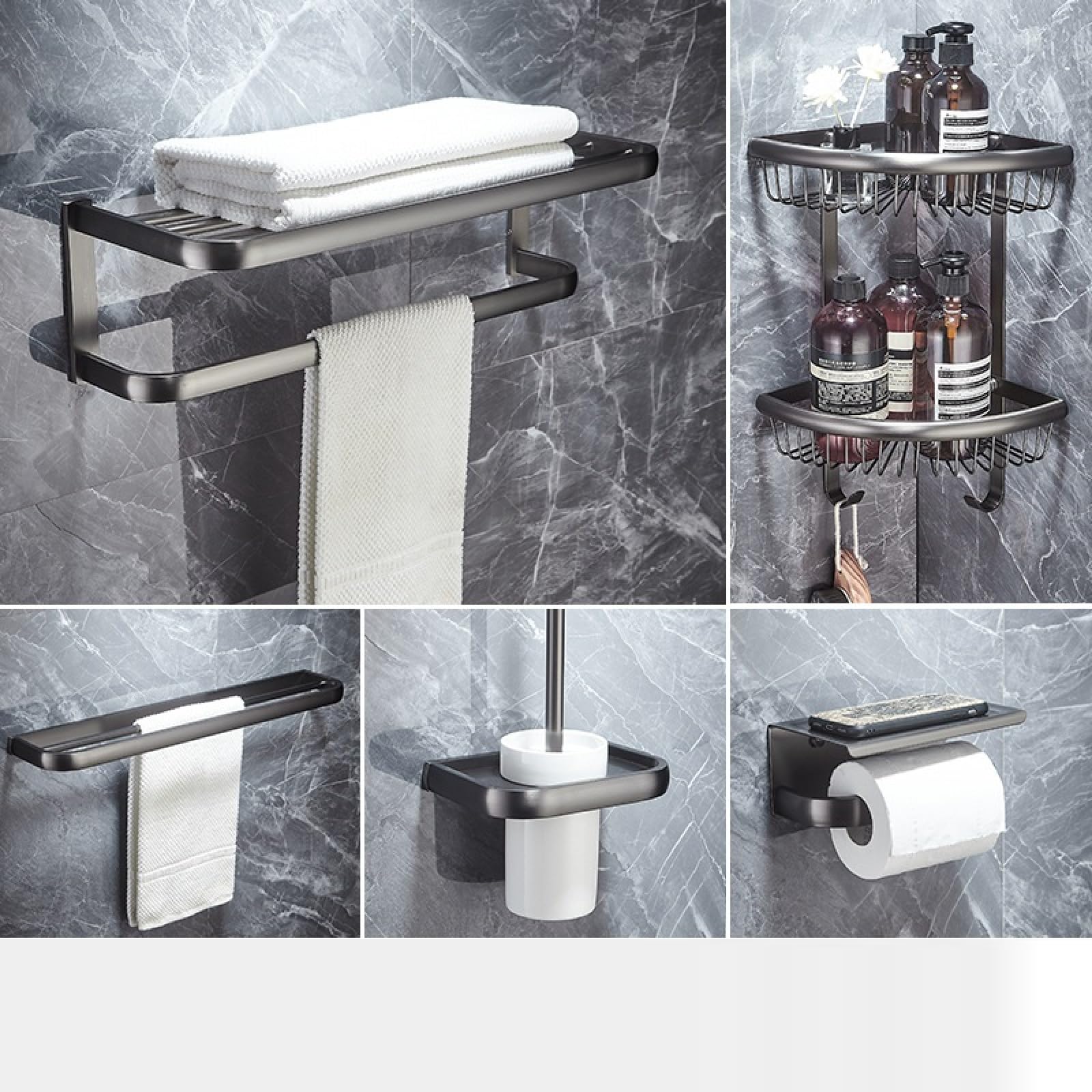 FGXHHS Full Copper Gun Gray Bathroom Towel Rack Bath Toilet Shelf Hardware Pendant Set, Five-Piece Set A