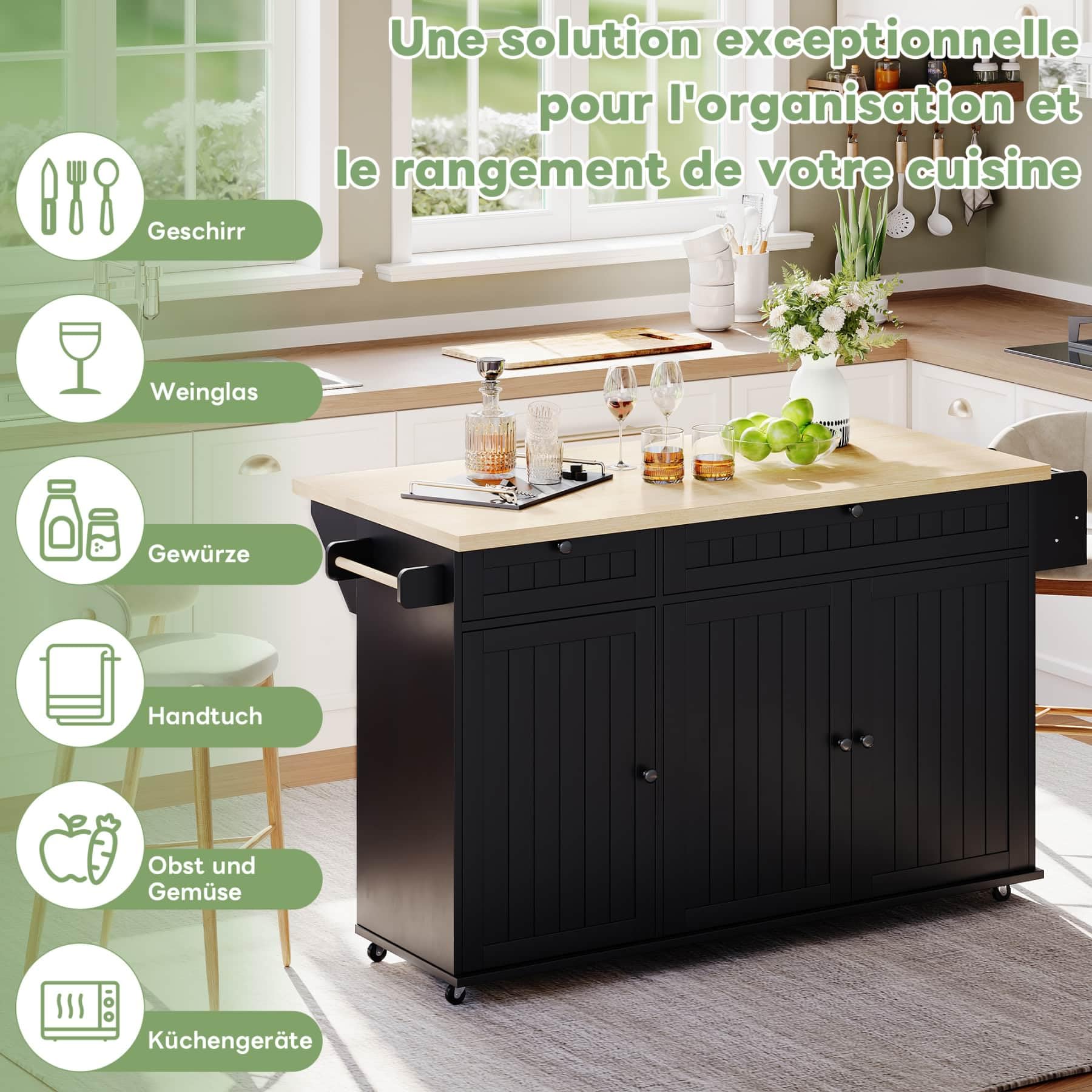Îlot de Cuisine Multifonctionnel avec 2 tiroirs,3 Portes et 6 roulettes,Chariot de Cuisine avec Plan de Travail Rabattable,étagères réglables et Porte-Serviettes (Noir)