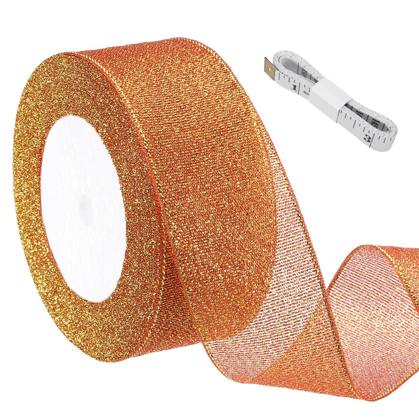 sourcing map Bright Red Glitter Ribbon (22 Meters, 4cm Wide) with Gold Thread Sparkly Metallic Fabric Ribbon - Sparkly Practical, for Gift Wrapping Balloons Craft DIY Decor Holiday
